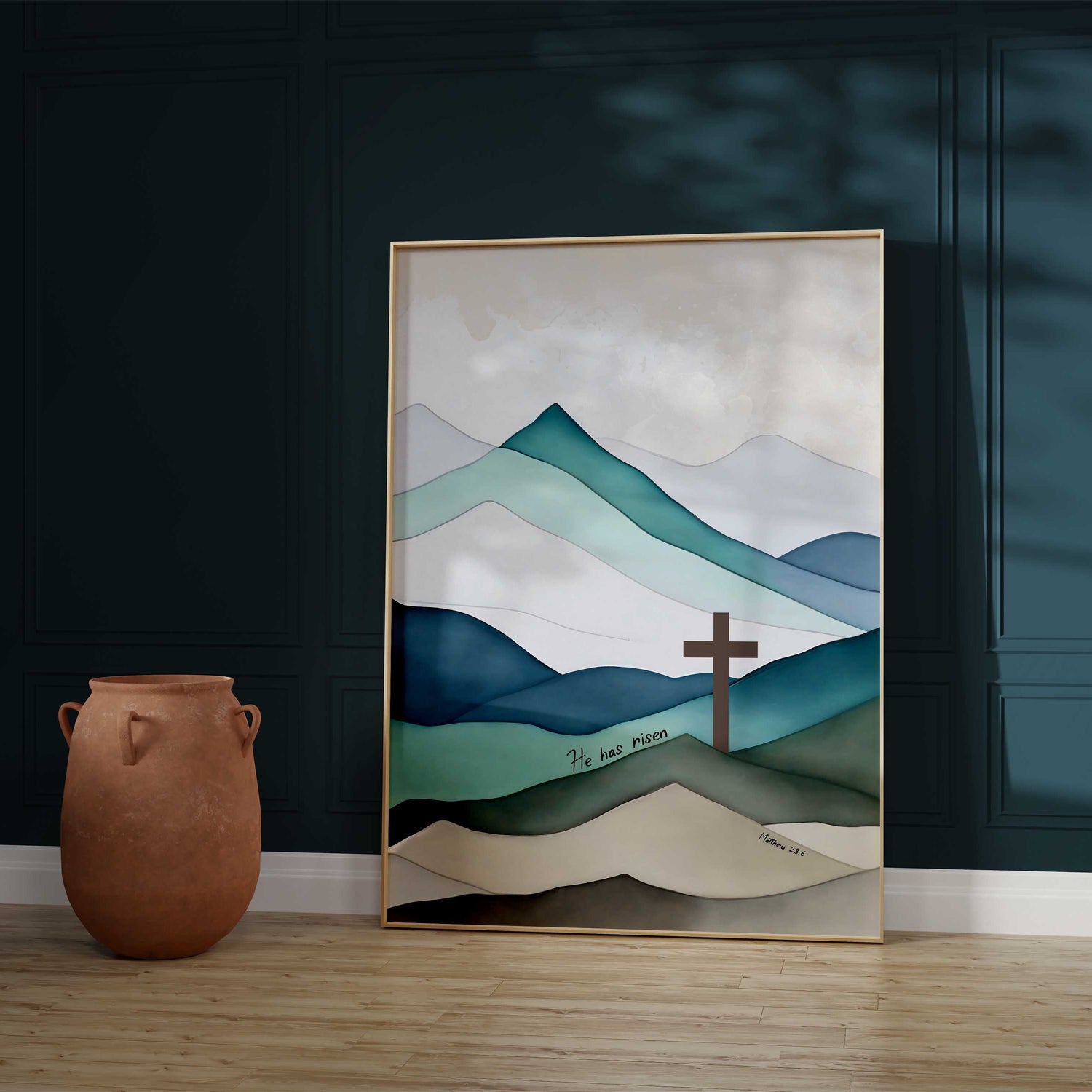 Resurrection-themed home decor, Inspirational Jesus Cross print for Easter, Matthew 28:6 verse wall art, Easter scripture home decor