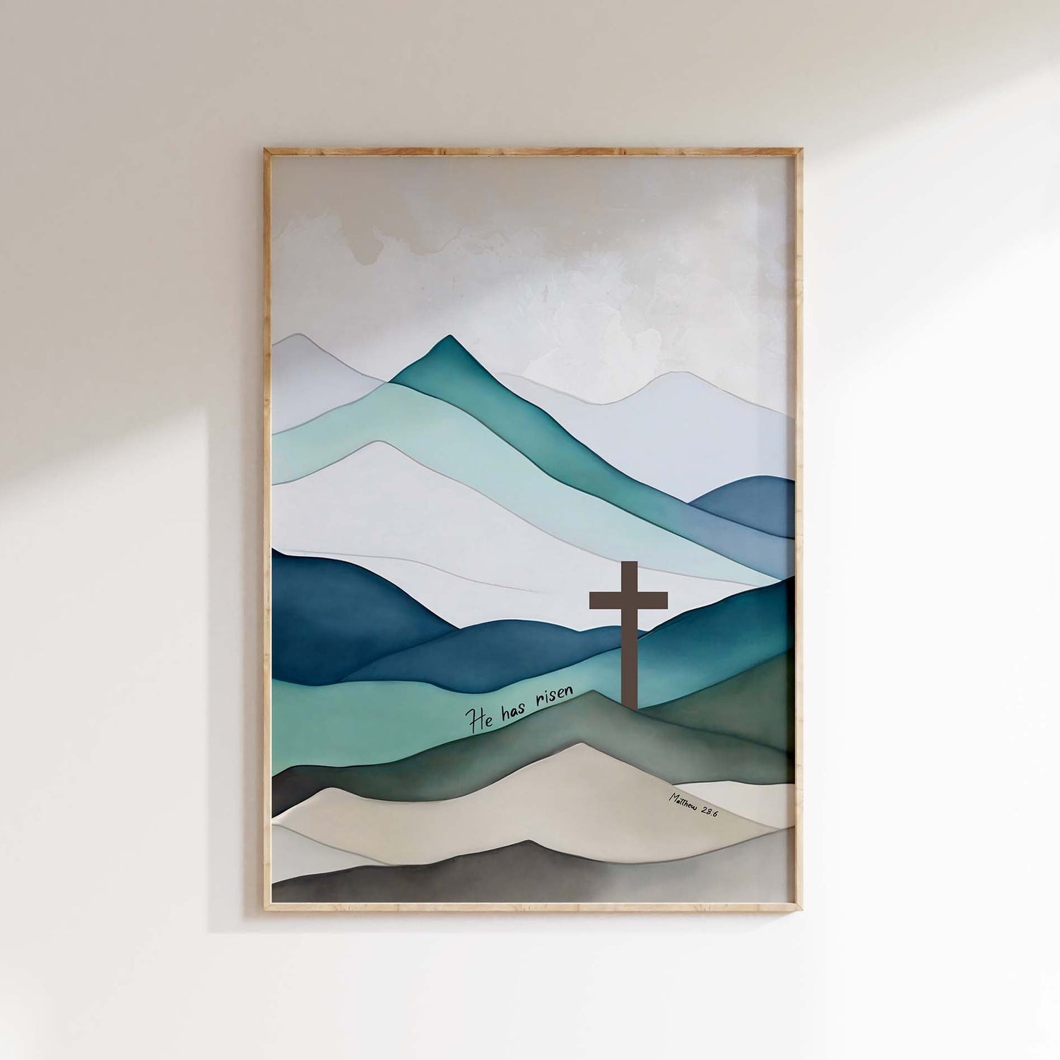 He Has Risen Easter Decor, Matthew 28 6 Jesus Cross Wall Art Print, Christian wall art with mountains, cross wall art print