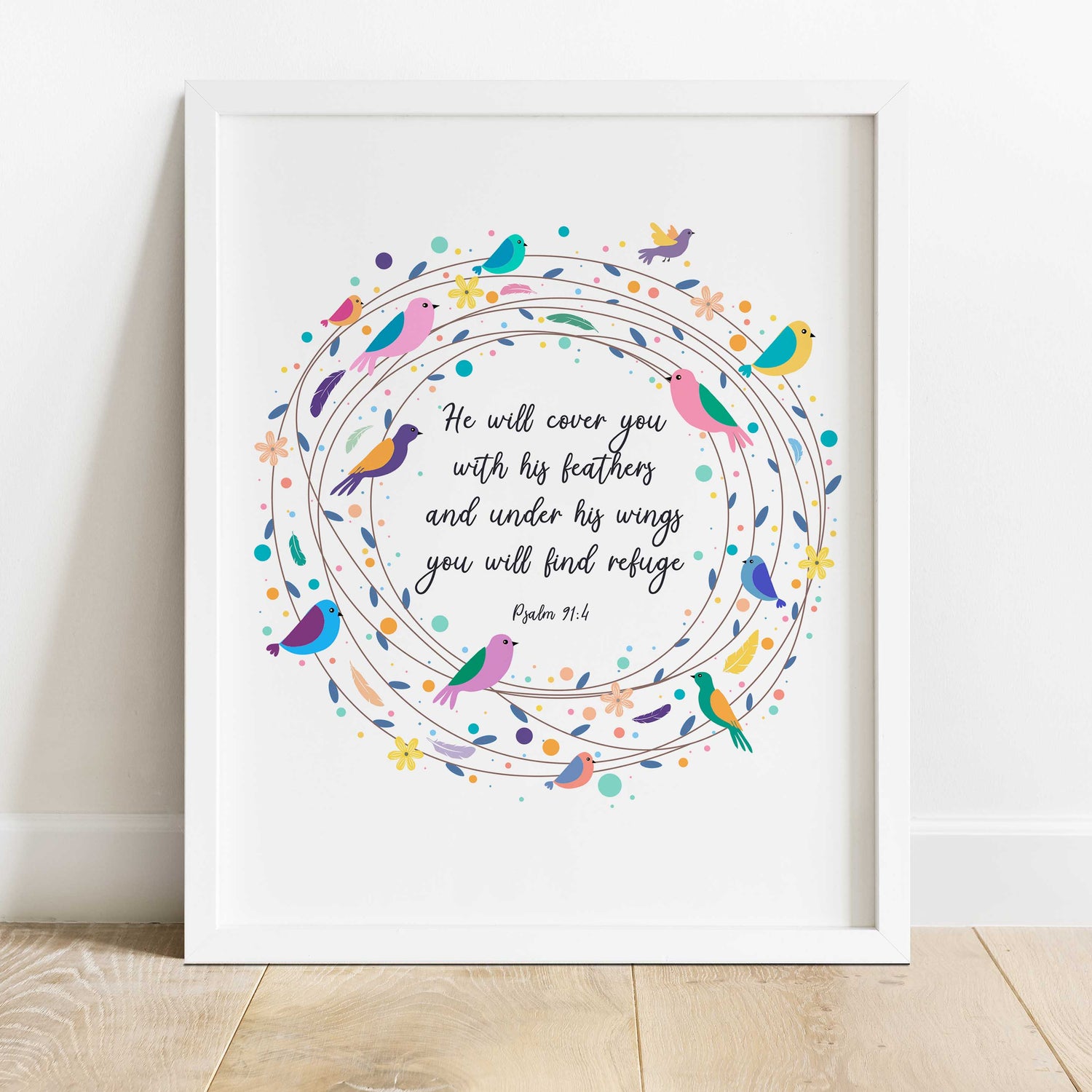 Psalm 91 Poster, He Will Cover You With His Feathers Bible Verse Art, He will cover you with his feathers picture, quote