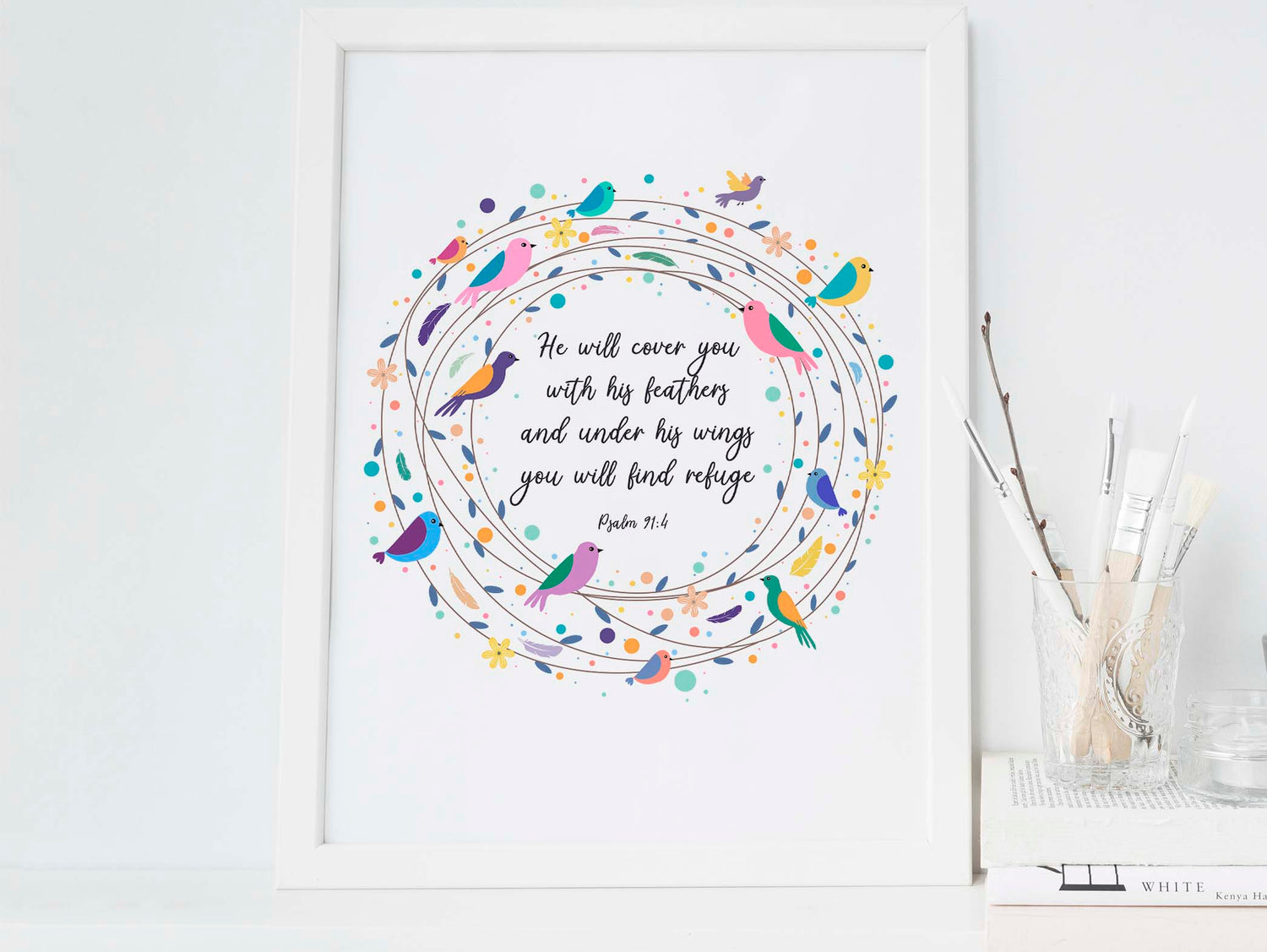 Psalm 91 Poster, He Will Cover You With His Feathers Bible Verse Art, Elegant Christian home decor poster with feathers / birds
