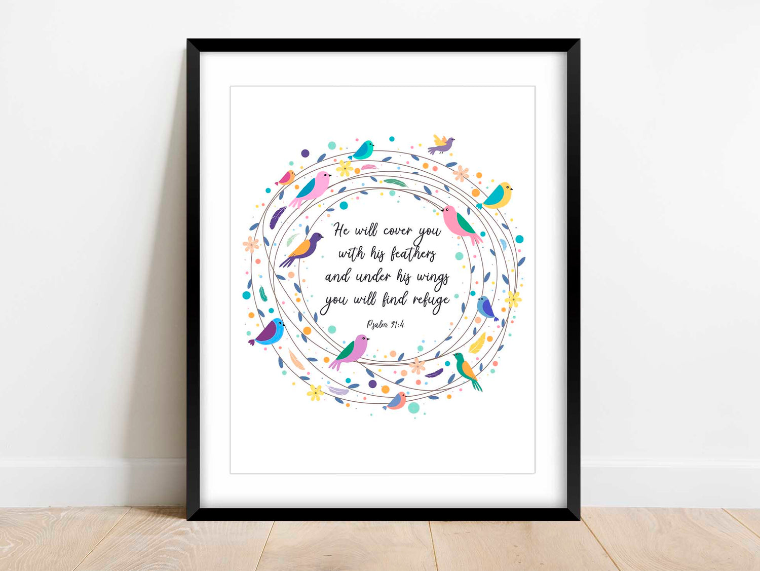 Psalm 91 Poster, Bible Verses for Baby Girl, He will cover you with His feathers, psalm 91 wall art, feather bible verse