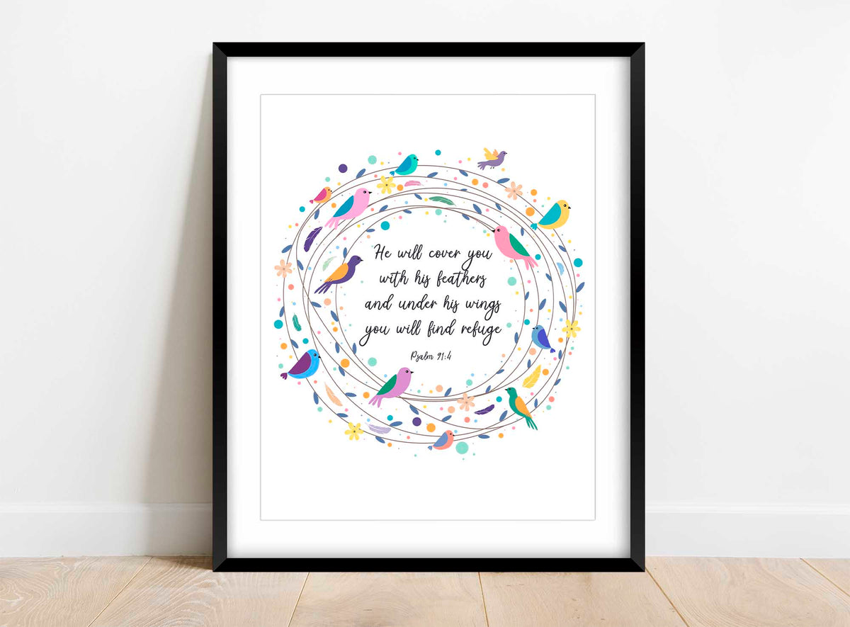 Psalm 91 Poster, Bible Verses for Baby Girl, He will cover you with His feathers, psalm 91 wall art, feather bible verse