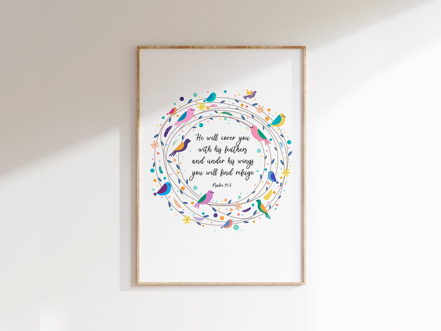 Psalm 91 Poster, He Will Cover You With His Feathers Bible Verse Art, Elegant Christian home decor poster with feathers / birds