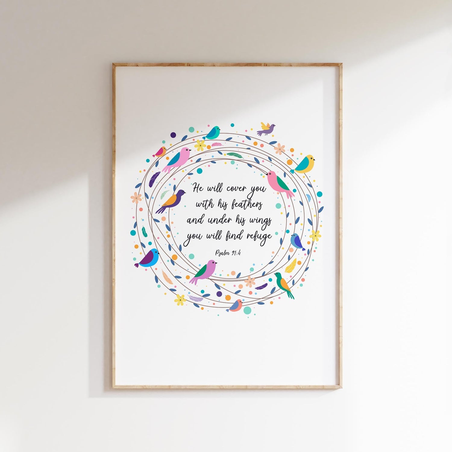 Psalm 91 Poster, He Will Cover You With His Feathers Bible Verse Art, Elegant Christian home decor poster with feathers / birds