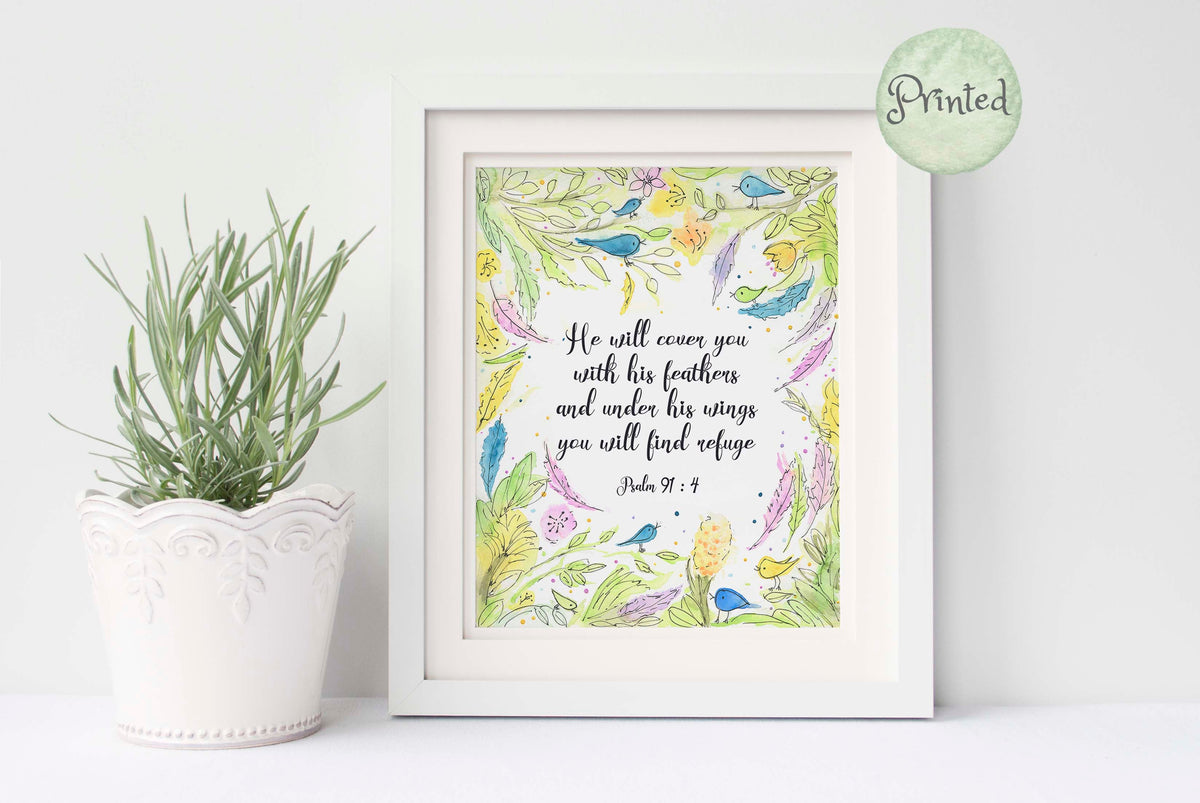 Psalm 91:4 Wall Art, He Will Cover You with His Feathers, and Under His Wings You Will Find Refuge