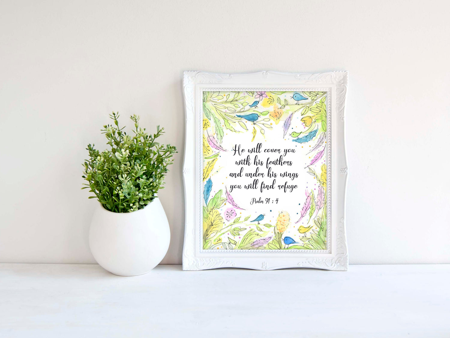 He Will Cover You With His Feathers Wall Art, Psalm 91 Artwork, Scripture Artwork, Christian Wall Art