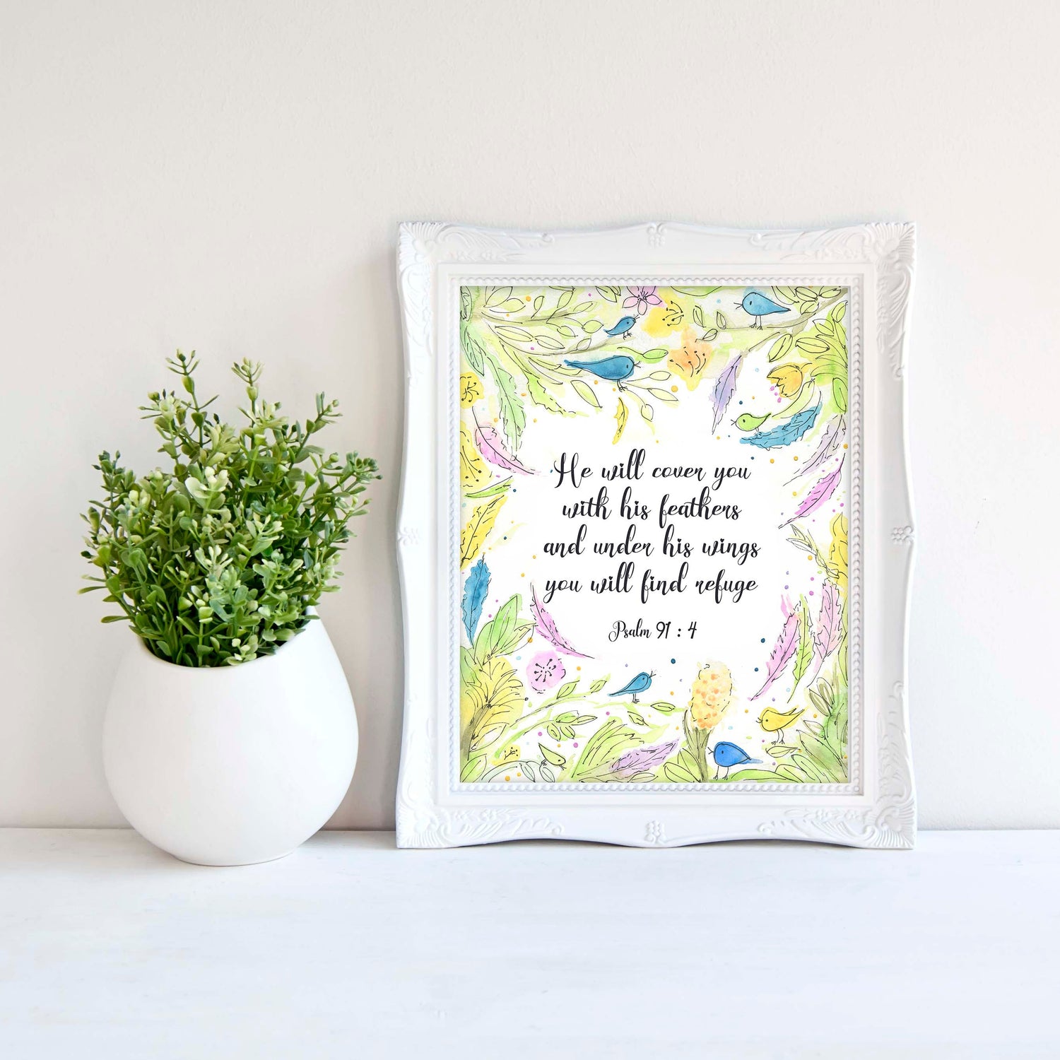 He Will Cover You With His Feathers Wall Art, Psalm 91 Artwork, Scripture Artwork, Christian Wall Art