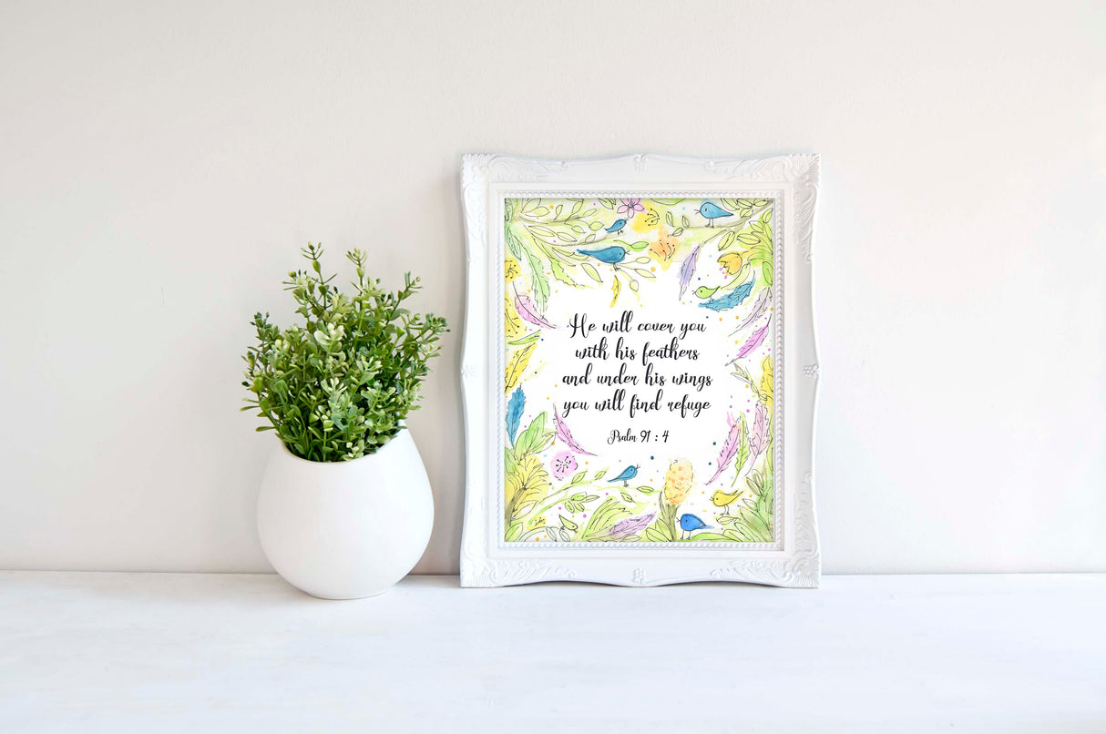 He Will Cover You With His Feathers Wall Art, Psalm 91 Artwork, Scripture Artwork, Christian Wall Art