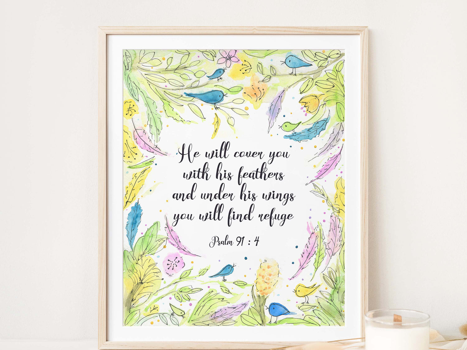 Hand-drawn watercolor bird print with Psalm 91:4 verse, Yellow and green theme Psalm 91:4 wall art, psalm 91 4 print