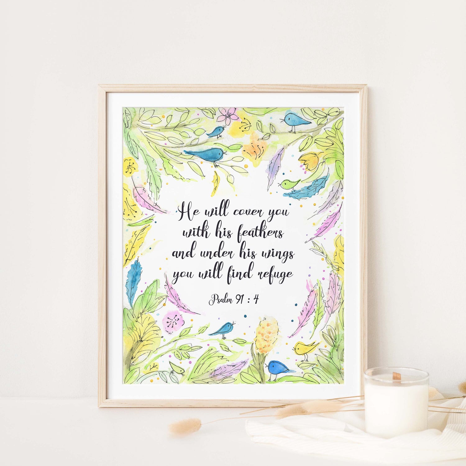 Hand-drawn watercolor bird print with Psalm 91:4 verse, Yellow and green theme Psalm 91:4 wall art, psalm 91 4 print