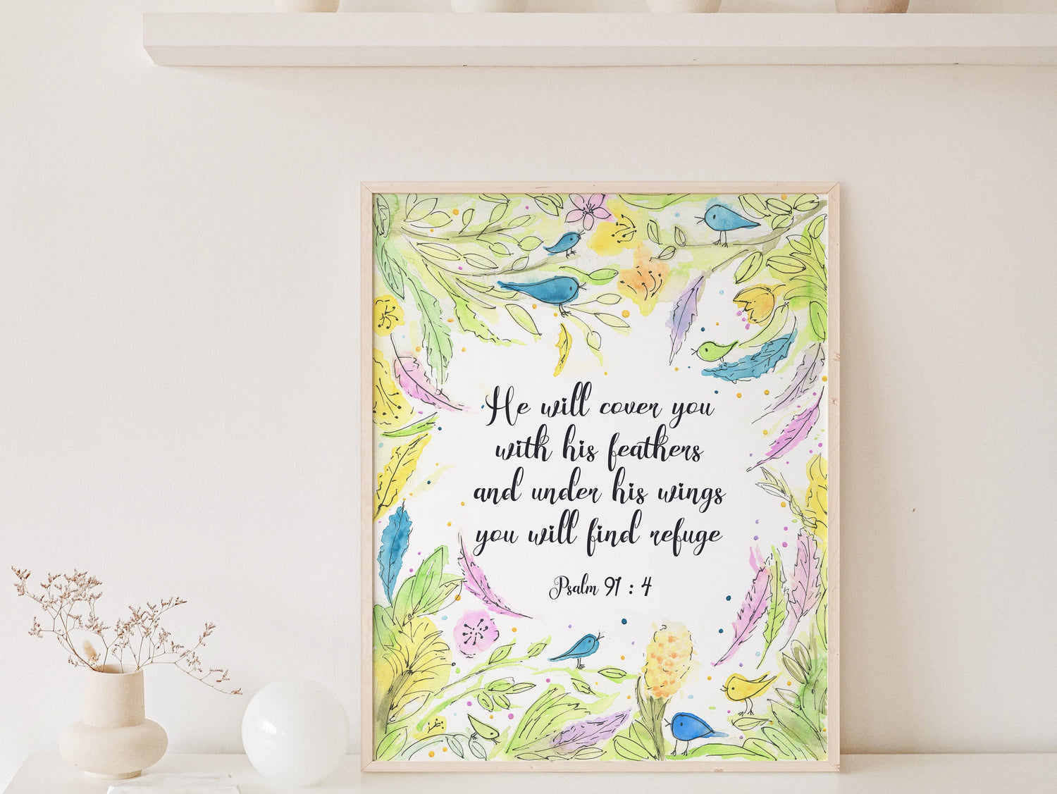 Feathers and wings refuge print inspired by Psalm 91:4, Birds, leaves, and flowers in yellow and green with Bible verse