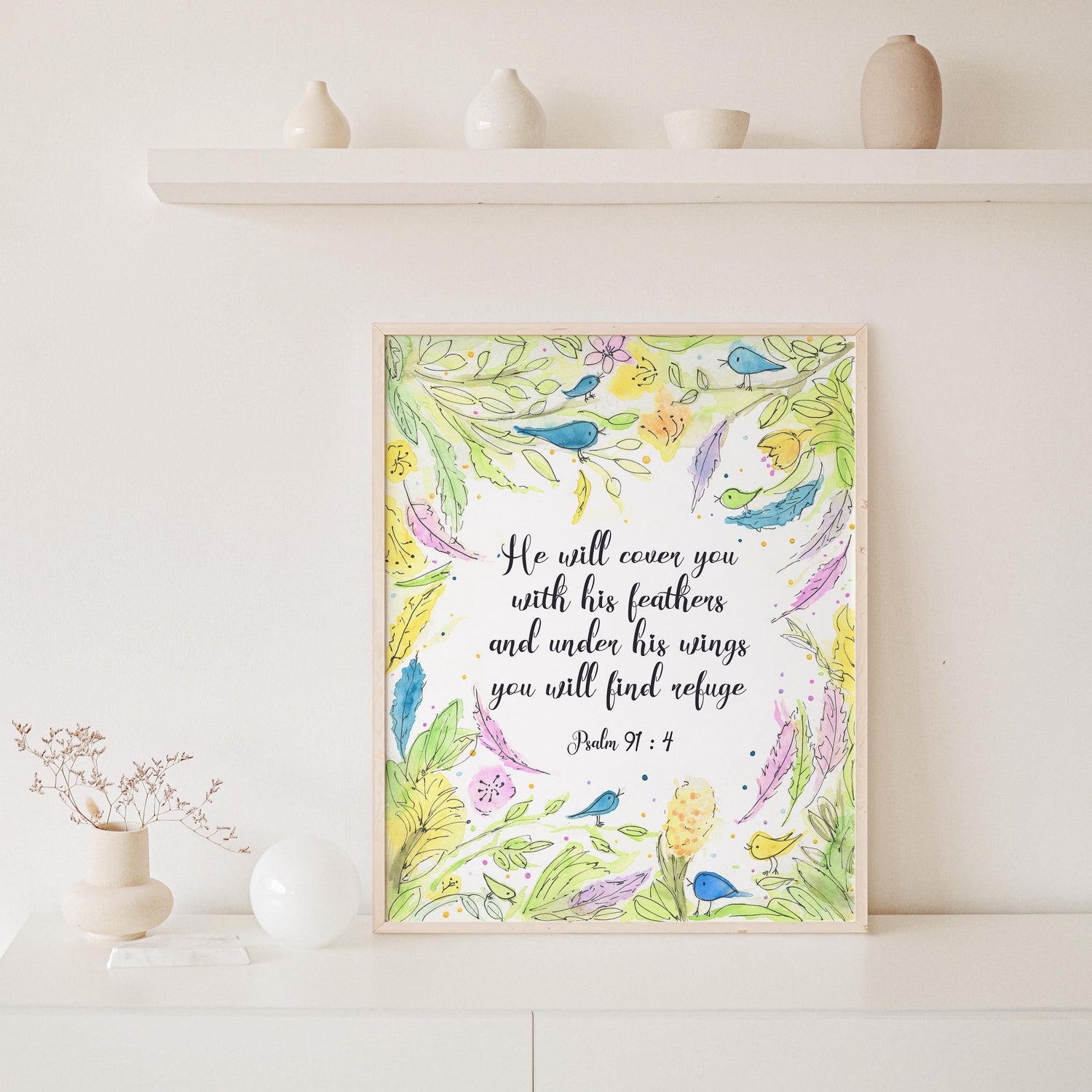 Feathers and wings refuge print inspired by Psalm 91:4, Birds, leaves, and flowers in yellow and green with Bible verse