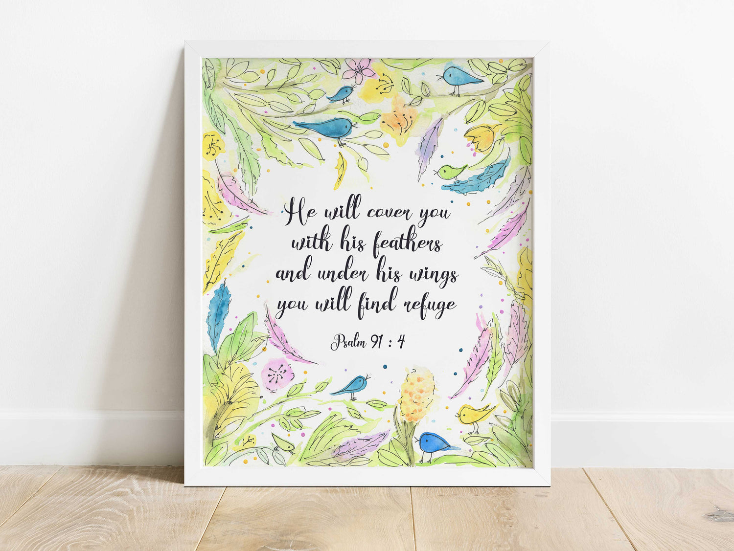 Psalm 91:4 artwork with hand-painted birds and foliage, Inspirational print: Under His wings, find refuge (Psalm 91:4)