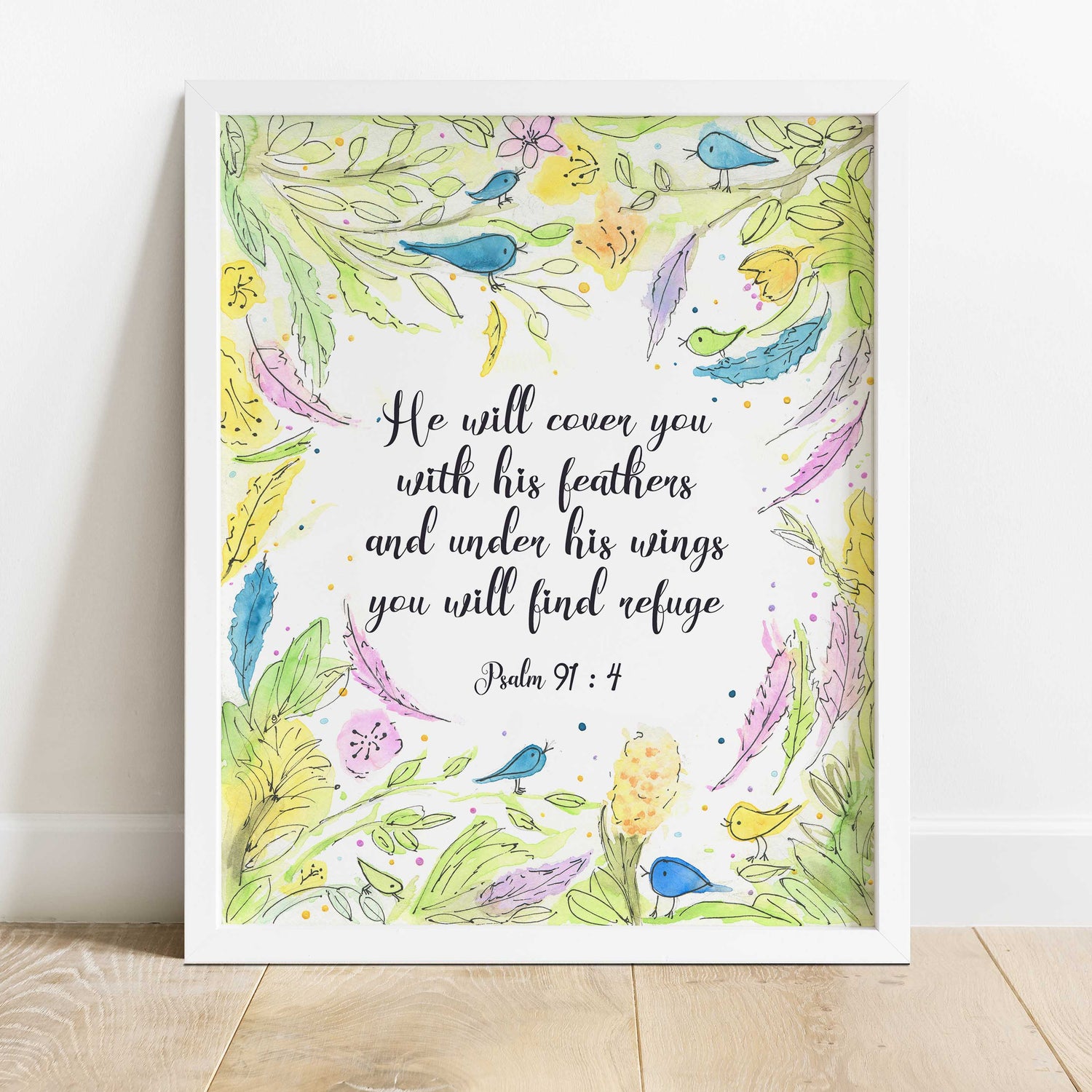 Psalm 91:4 artwork with hand-painted birds and foliage, Inspirational print: Under His wings, find refuge (Psalm 91:4)