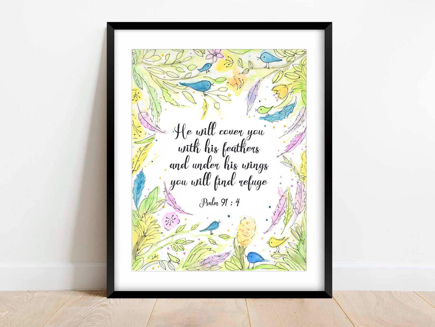 Watercolor bird and nature illustration with Psalm 91:4 verse, Yellow and green Psalm 91:4 wall decor with birds and leaves