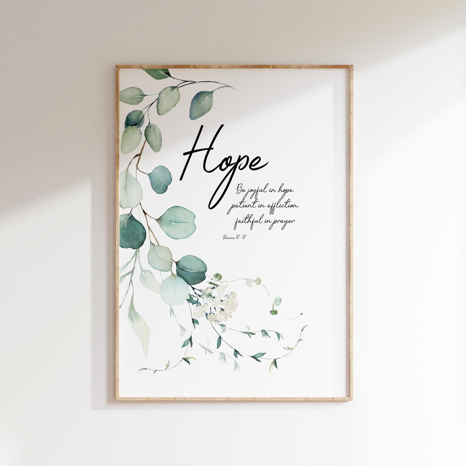 Botanical print with Romans 12:12 for a joy-filled home, Elegant eucalyptus leaf wall art promoting hope and faith