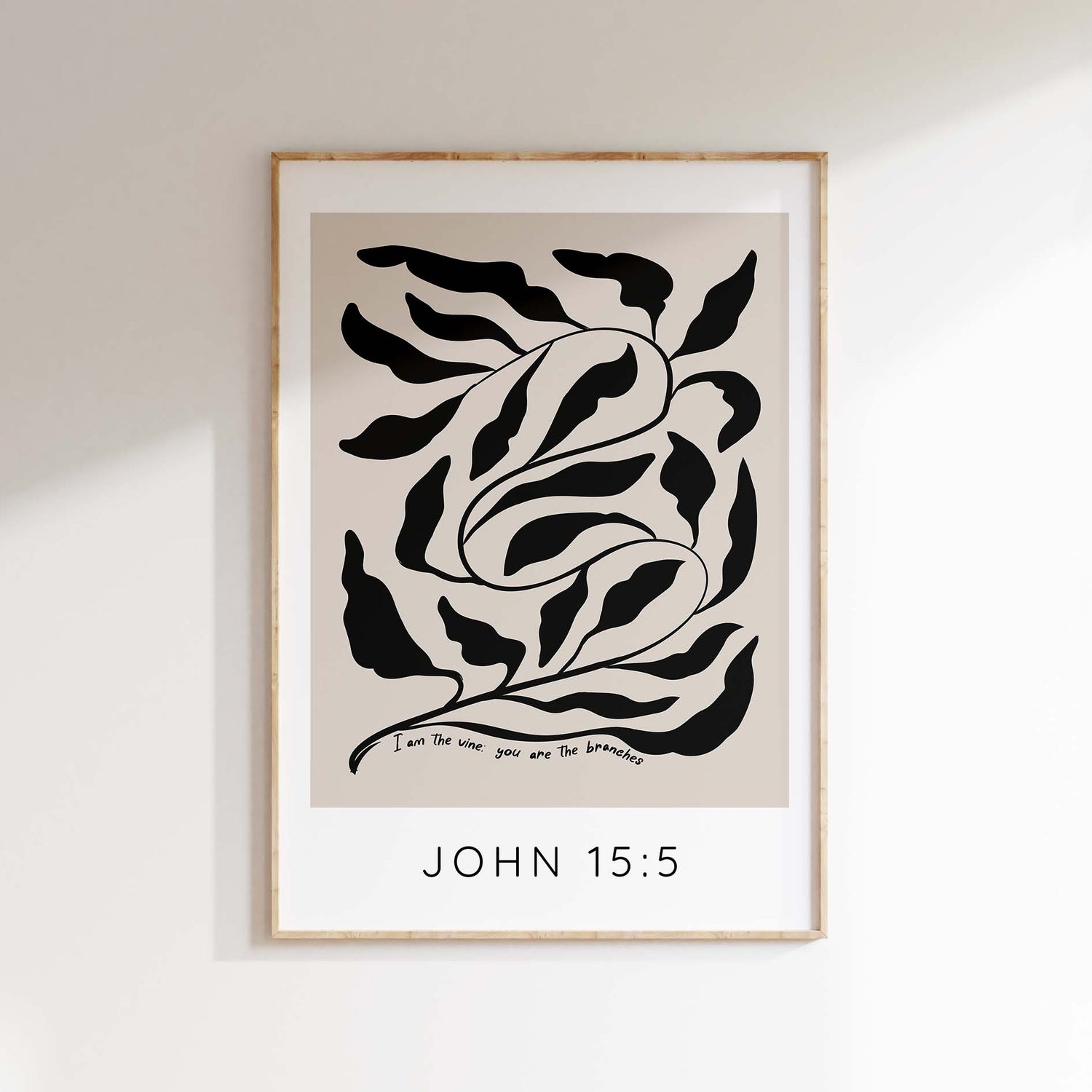 John 15 5 Modern Bible Verse Poster I Am The Vine Christian Wall Art, Neutral Tan and Black Bible Verse Print