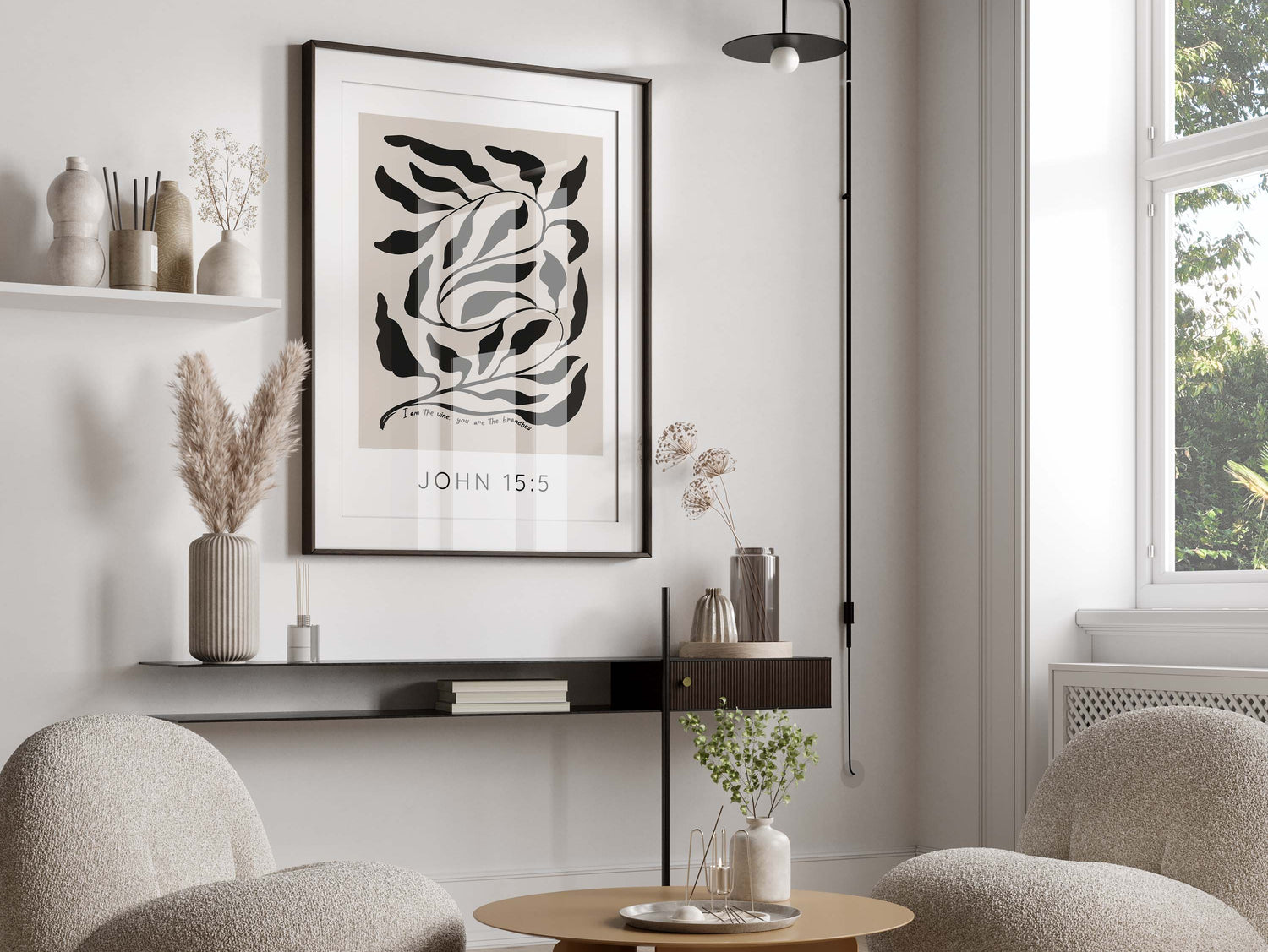 Black Winding Branch Bible Quote Poster, Minimalist Tan and Black Scripture Art, Neutral Tone Christian Home Decor