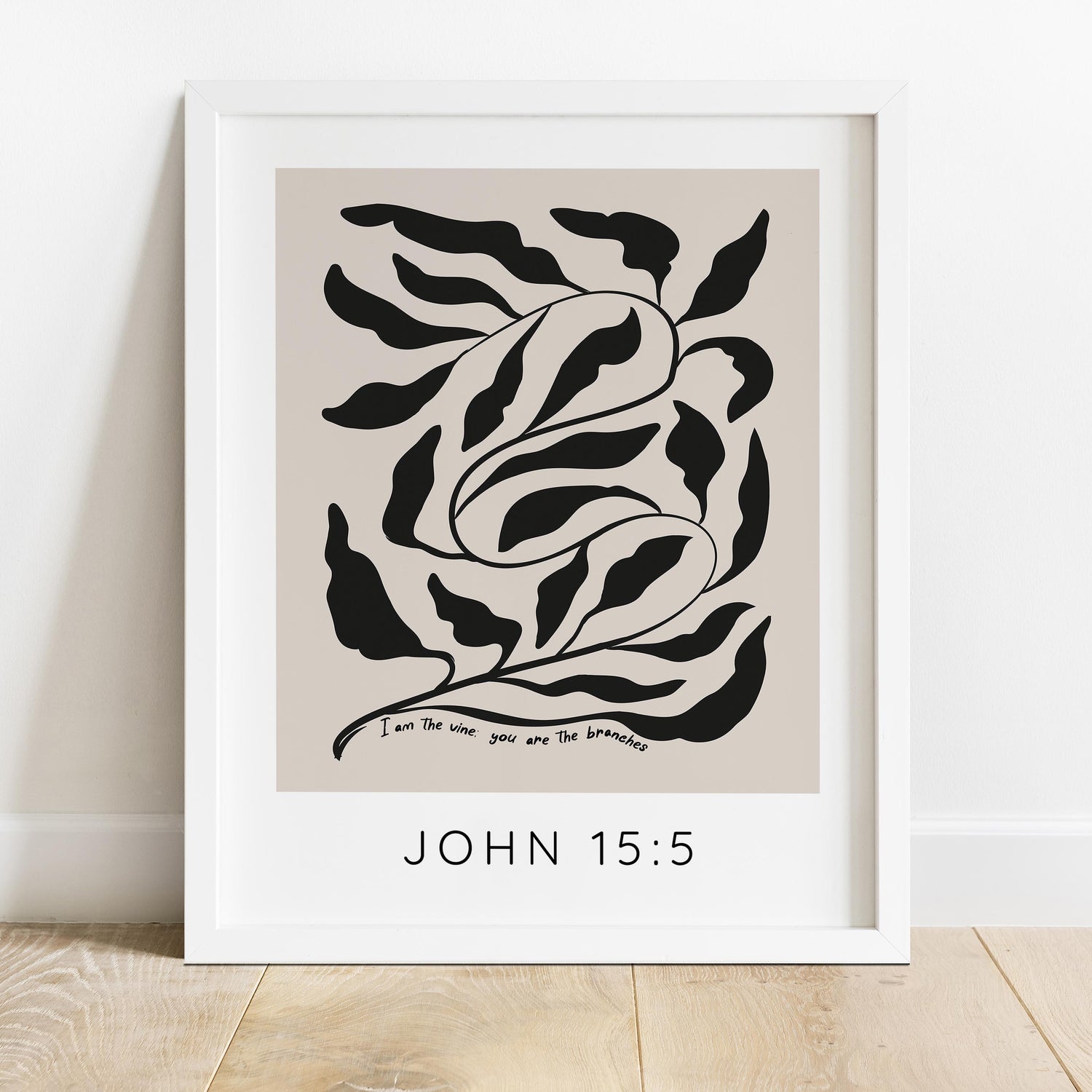 Tan and Black Faith-Inspired Wall Print, Contemporary Vine and Branch Bible Verse, Tan and Black Inspirational Scripture Print
