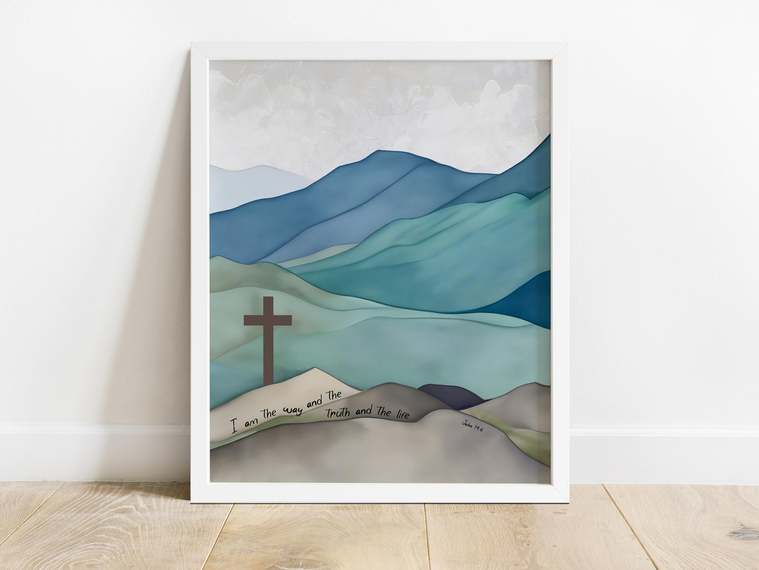 Faithful home decor with blue/green mountain theme, Guiding cross in John 14:6 inspirational print, christian artist kate shephard