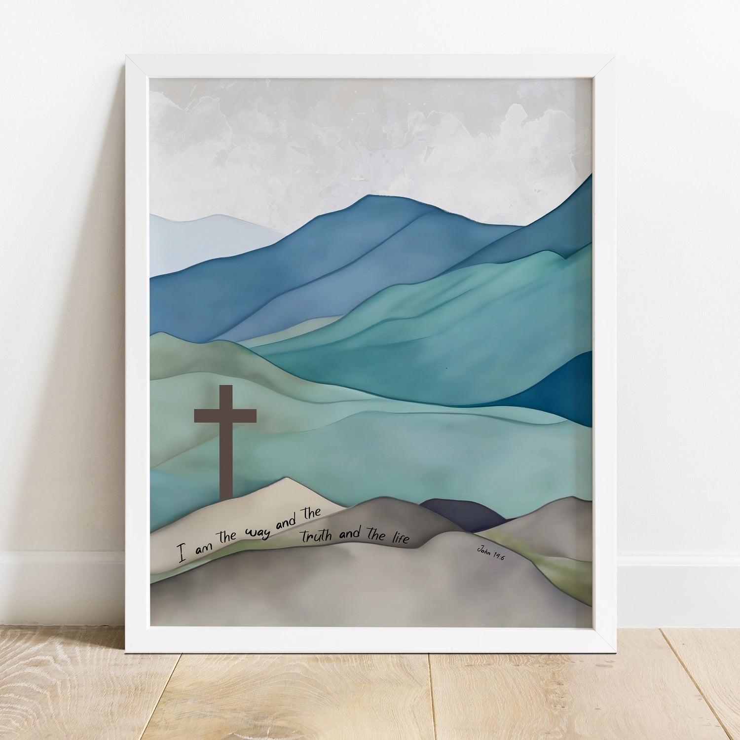 Faithful home decor with blue/green mountain theme, Guiding cross in John 14:6 inspirational print, christian artist kate shephard