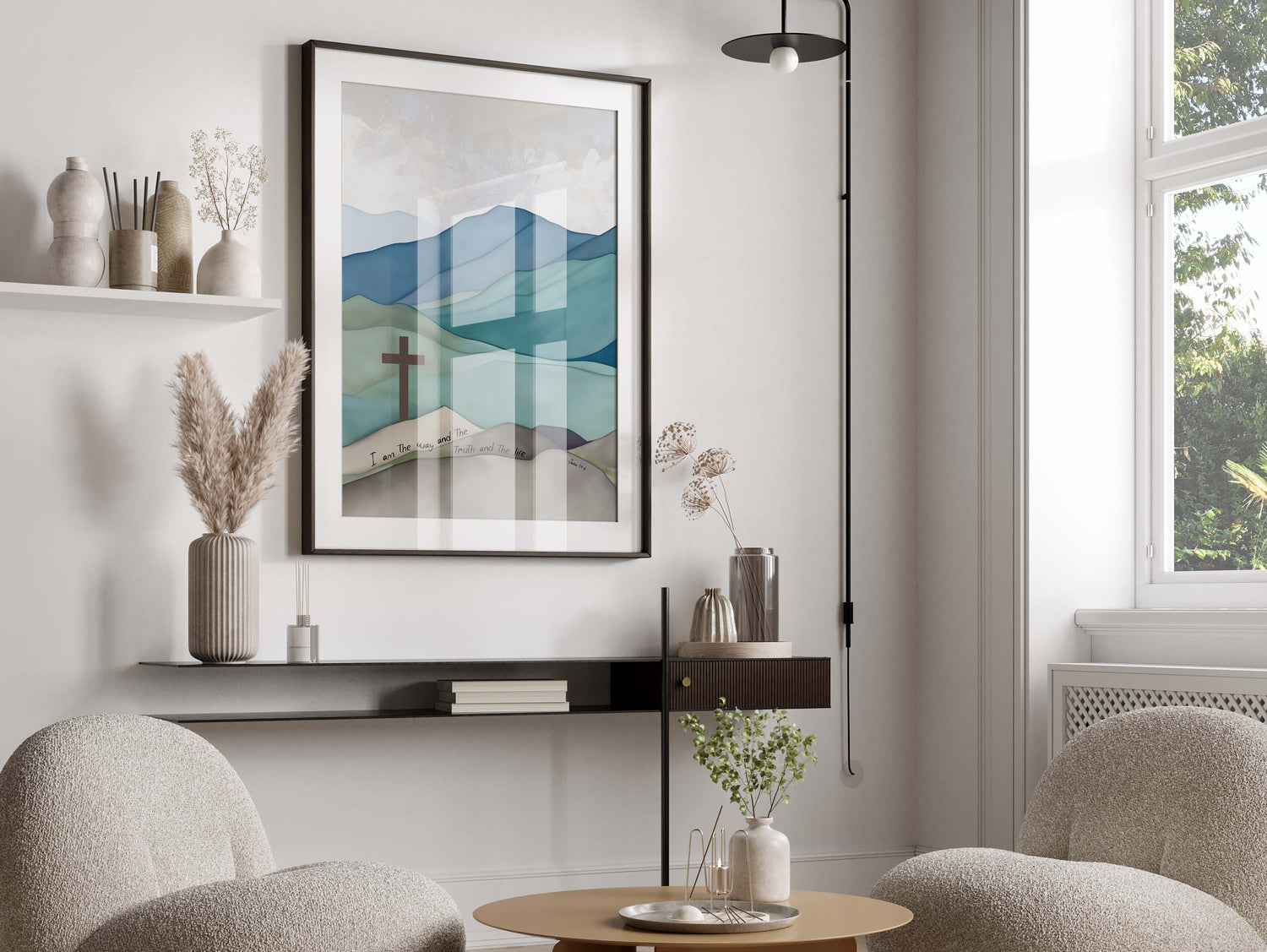 Nature-infused Christian wall art with Bible verse, Hillside cross in calming blue and green hues, I Am The Way The Truth and the Life