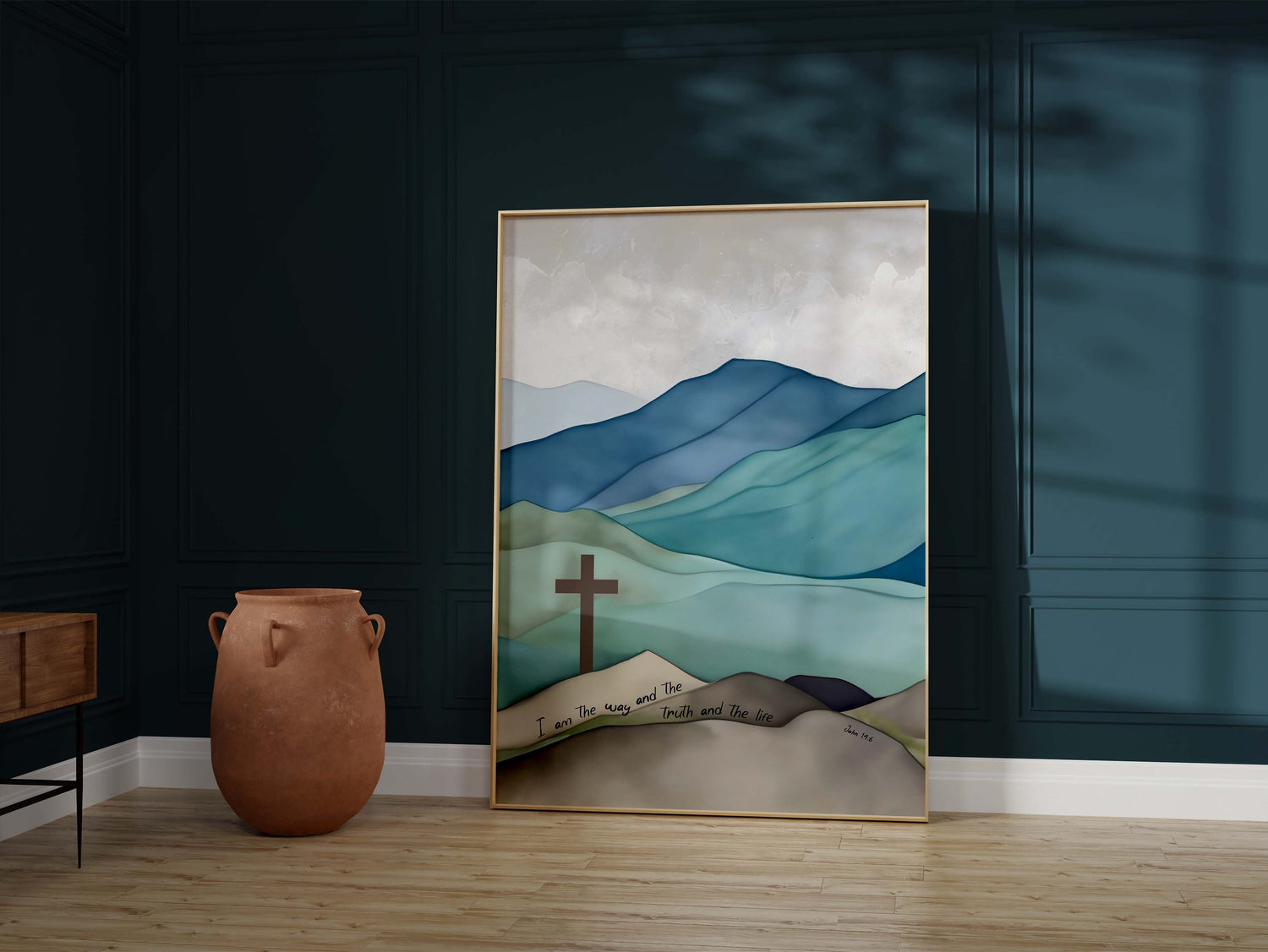 John 14:6 verse in serene mountains decor, Hillside cross in blue and green hills print, John 14 6 verse with cross hillside scene