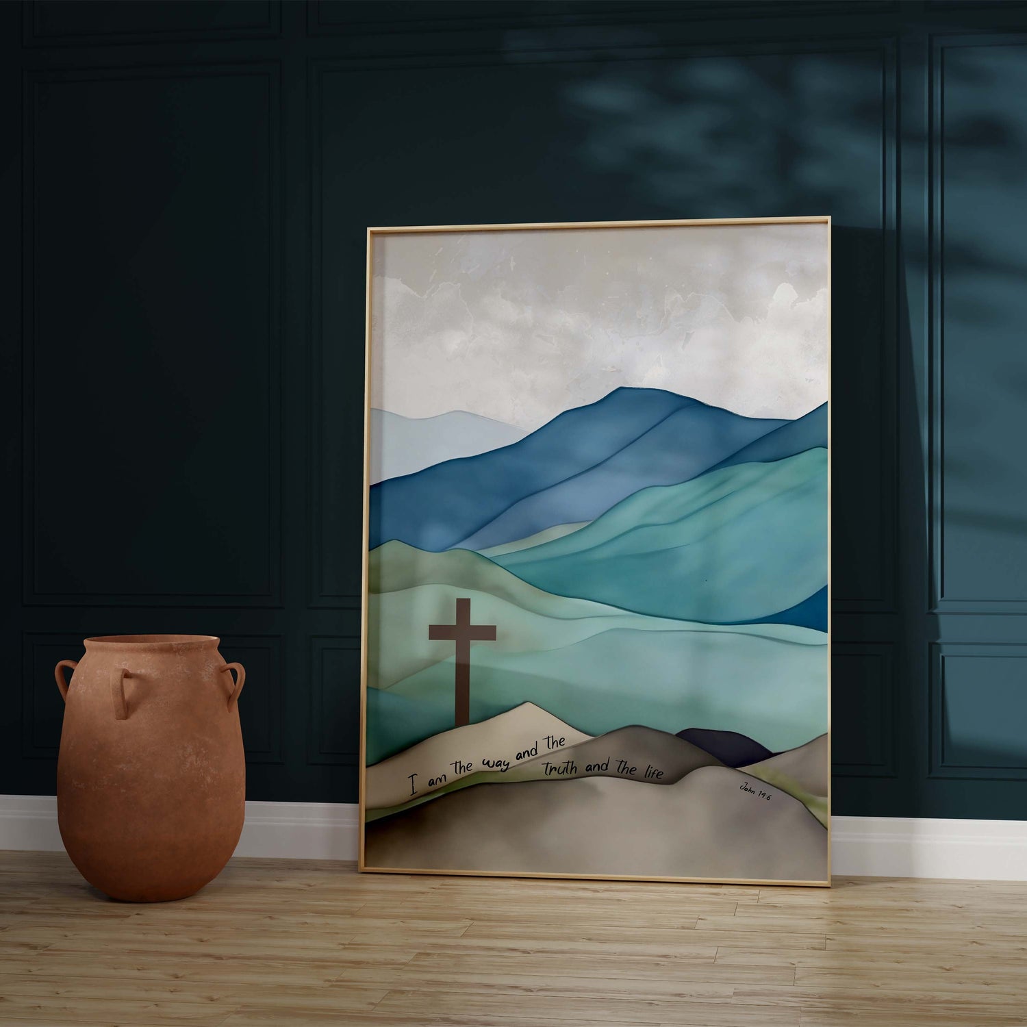 John 14:6 verse in serene mountains decor, Hillside cross in blue and green hills print, John 14 6 verse with cross hillside scene