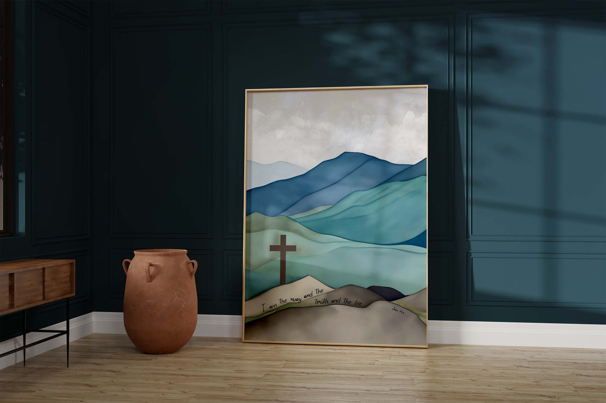 John 14:6 verse in serene mountains decor, Hillside cross in blue and green hills print, John 14 6 verse with cross hillside scene