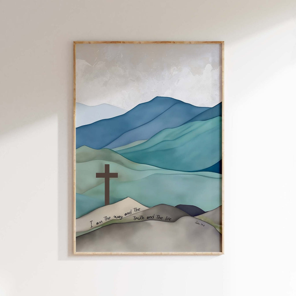I Am The Way The Truth and the Life Christian Wall Art, John 14 6, Blue and green Christian wall art with cross