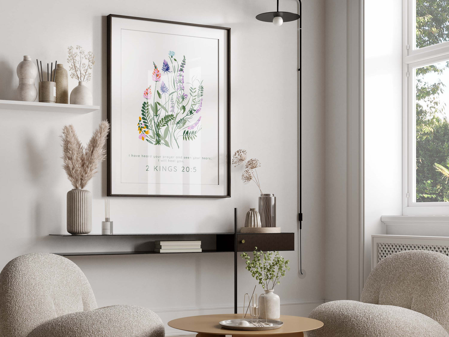 Encouraging Bible verse print for prayer and tears, Floral artwork with 2 Kings 20:5 scripture, Christian artwork with God's promise to heal