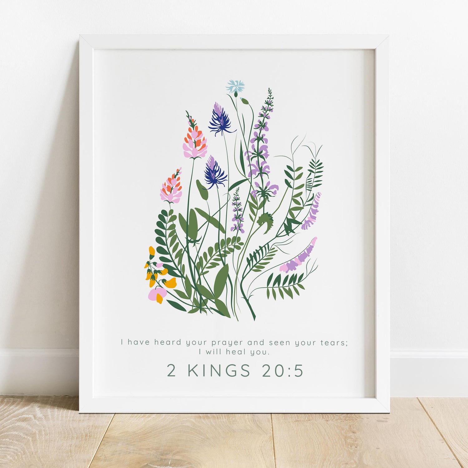 Graceful floral print featuring healing Bible verse, 2 Kings 20:5 floral wall hanging for spiritual comfort