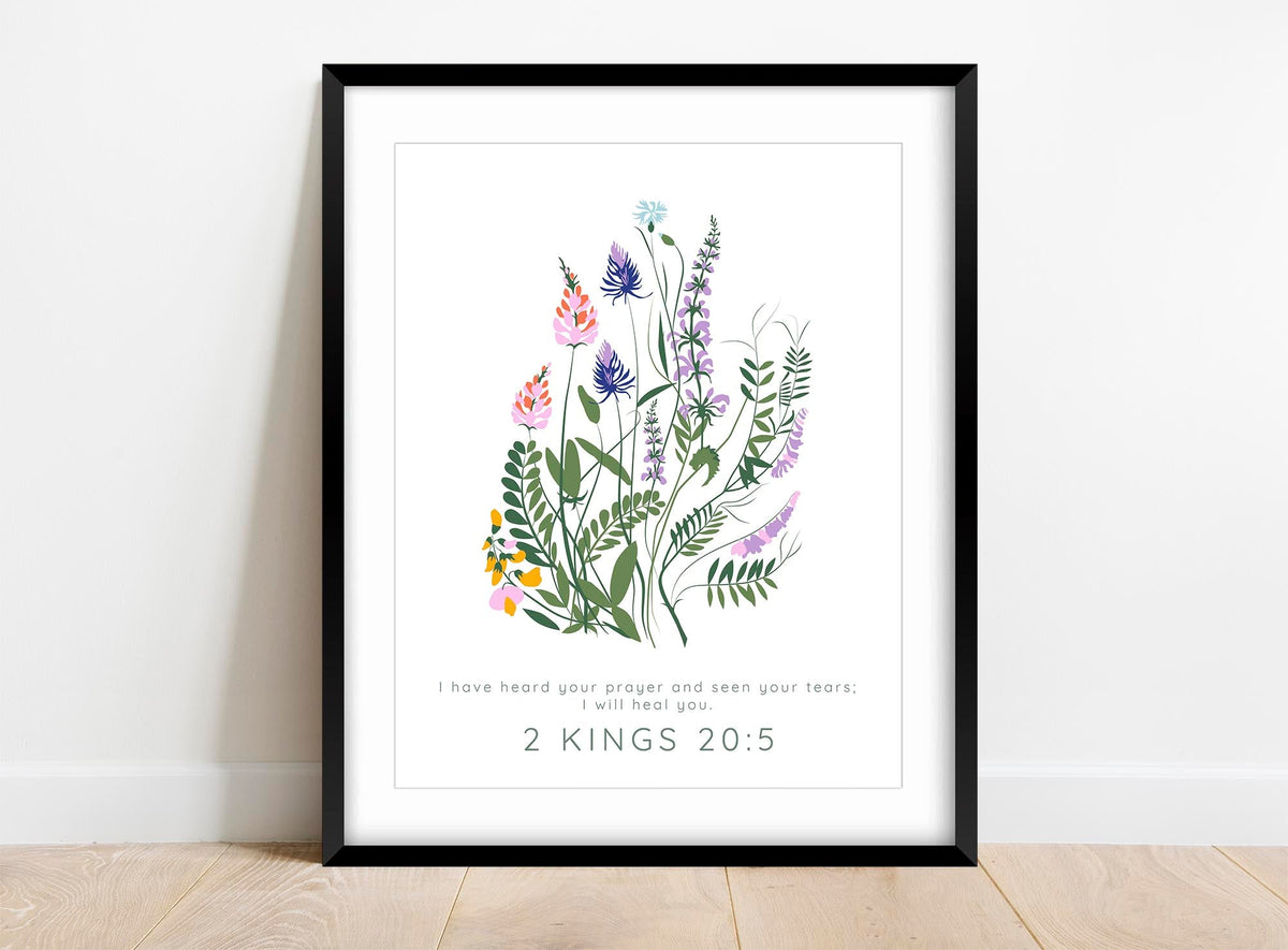 Christian artwork with God's promise to heal, Floral decor with the words 'I have heard your prayer'