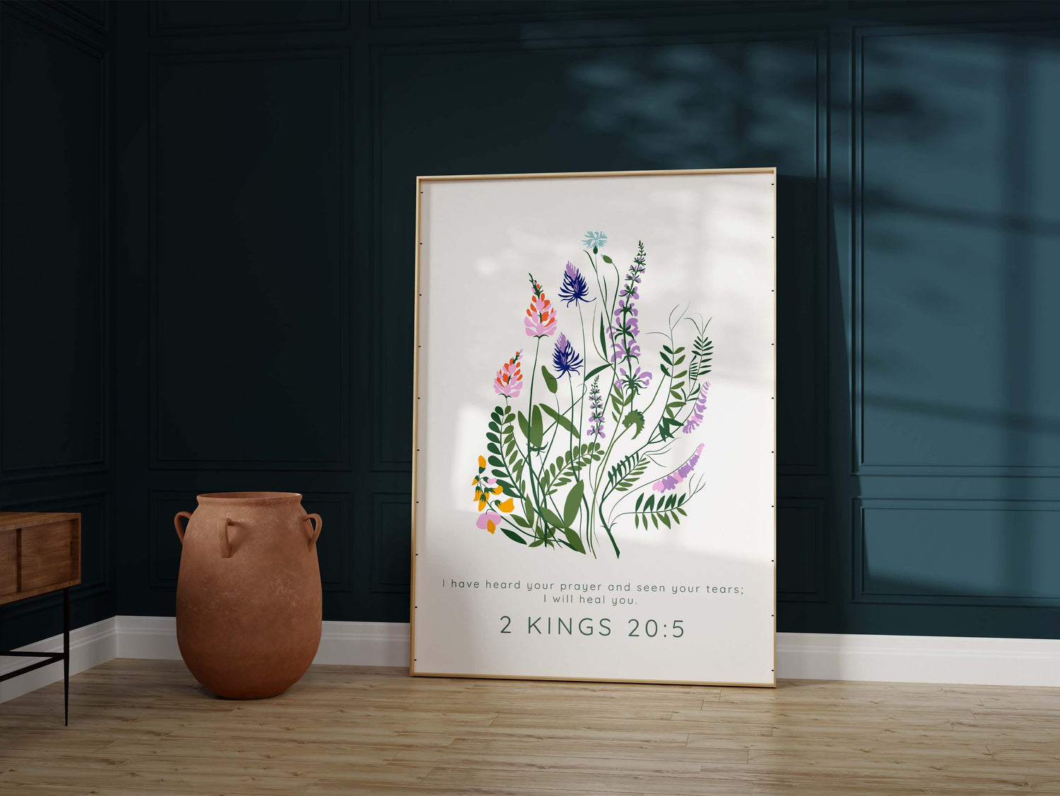 Elegant floral wall art with 2 Kings 20:5 verse, Christian scripture print for healing and faith, Floral Bible verse art for healing