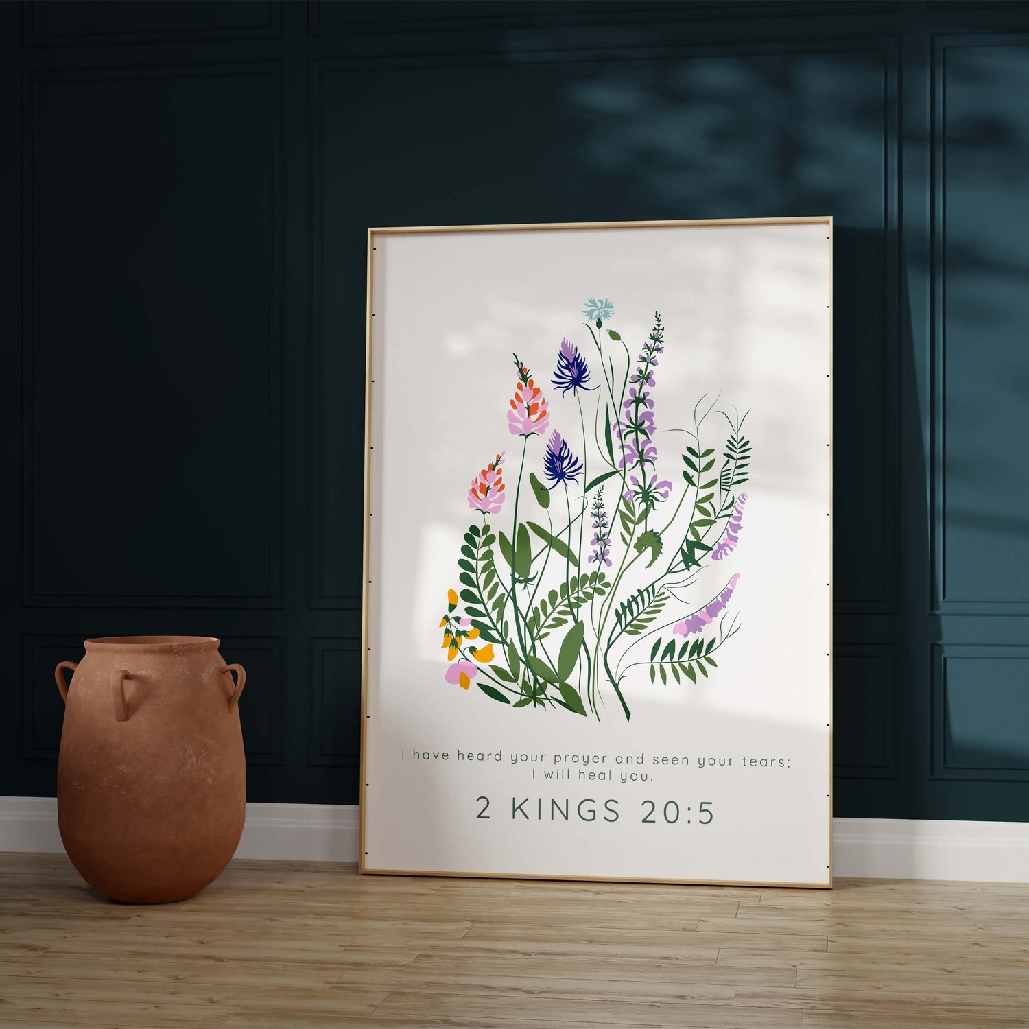 Elegant floral wall art with 2 Kings 20:5 verse, Christian scripture print for healing and faith, Floral Bible verse art for healing
