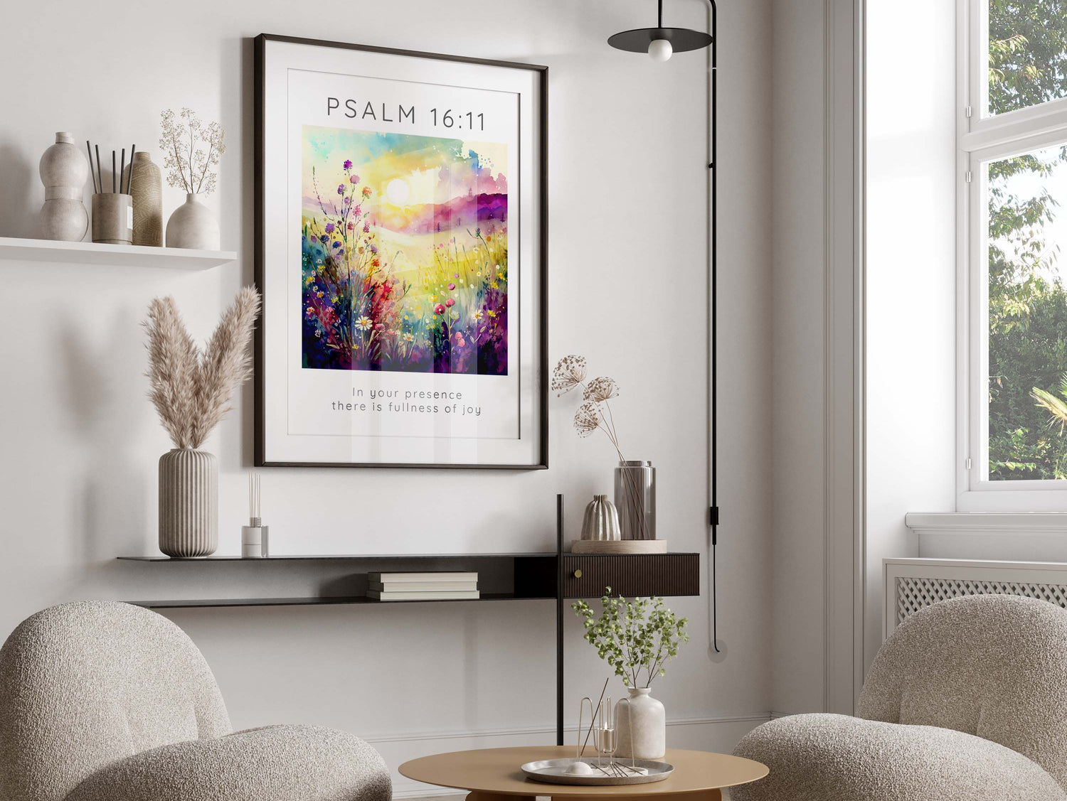 Colourful flower meadow with scripture print, Fullness of joy in divine presence artwork, Pink and yellow hues in Psalm 16:11 decor