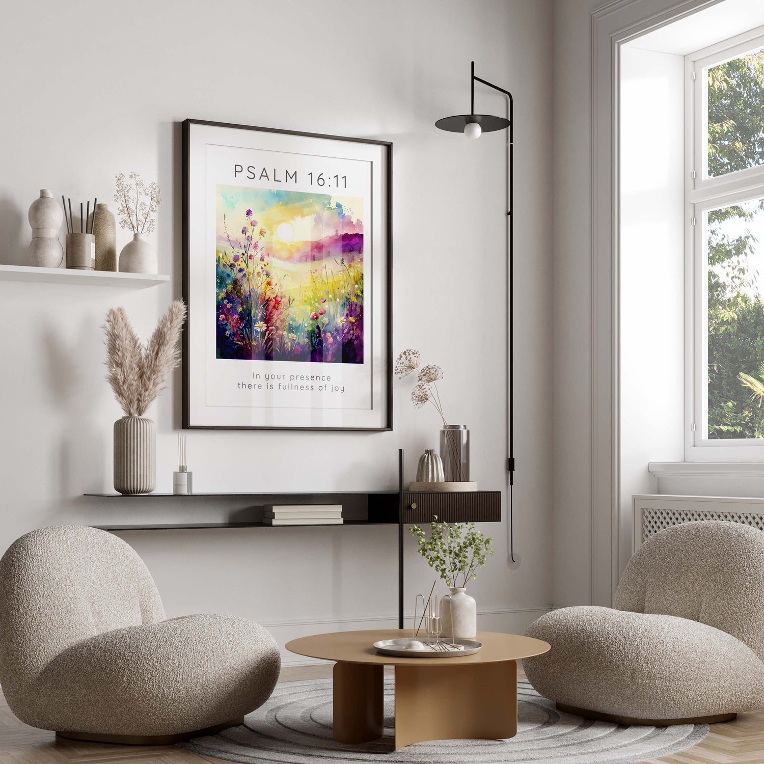 Colourful flower meadow with scripture print, Fullness of joy in divine presence artwork, Pink and yellow hues in Psalm 16:11 decor