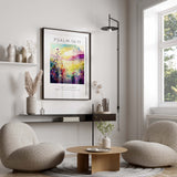 Colourful flower meadow with scripture print, Fullness of joy in divine presence artwork, Pink and yellow hues in Psalm 16:11 decor