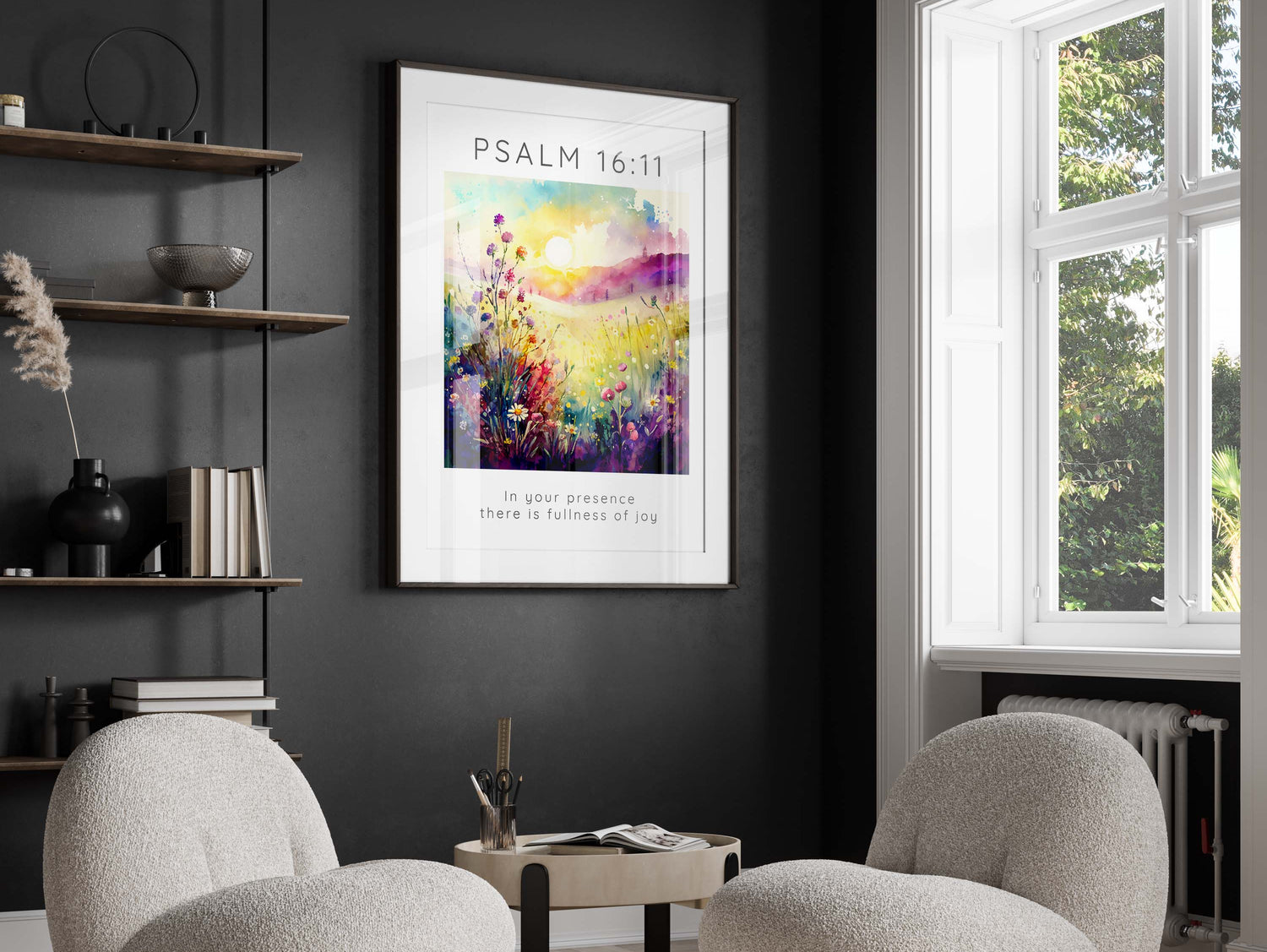 Happiness-themed floral Psalm 16:11 print, Uplifting joy and scripture wall decoration, Pink and yellow flower meadow biblical art