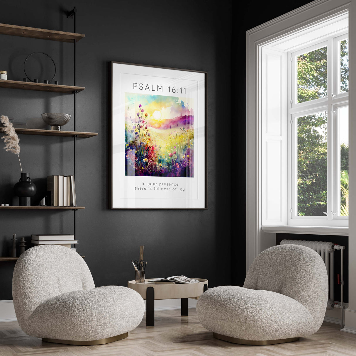 Happiness-themed floral Psalm 16:11 print, Uplifting joy and scripture wall decoration, Pink and yellow flower meadow biblical art