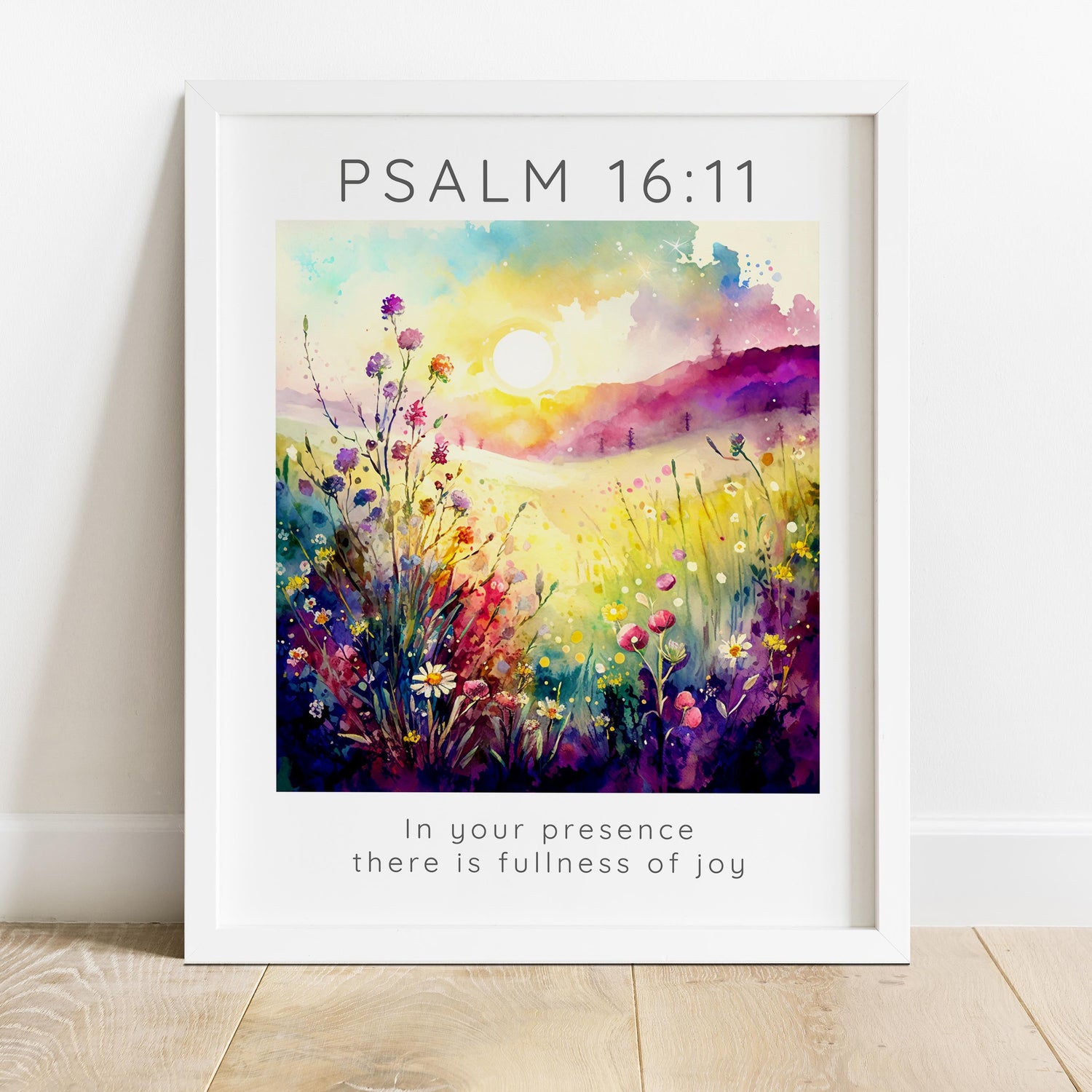 Inspirational presence of joy wall print, Serene and colorful Psalm 16:11 wall decor, Joy themed floral Psalm 16:11 print