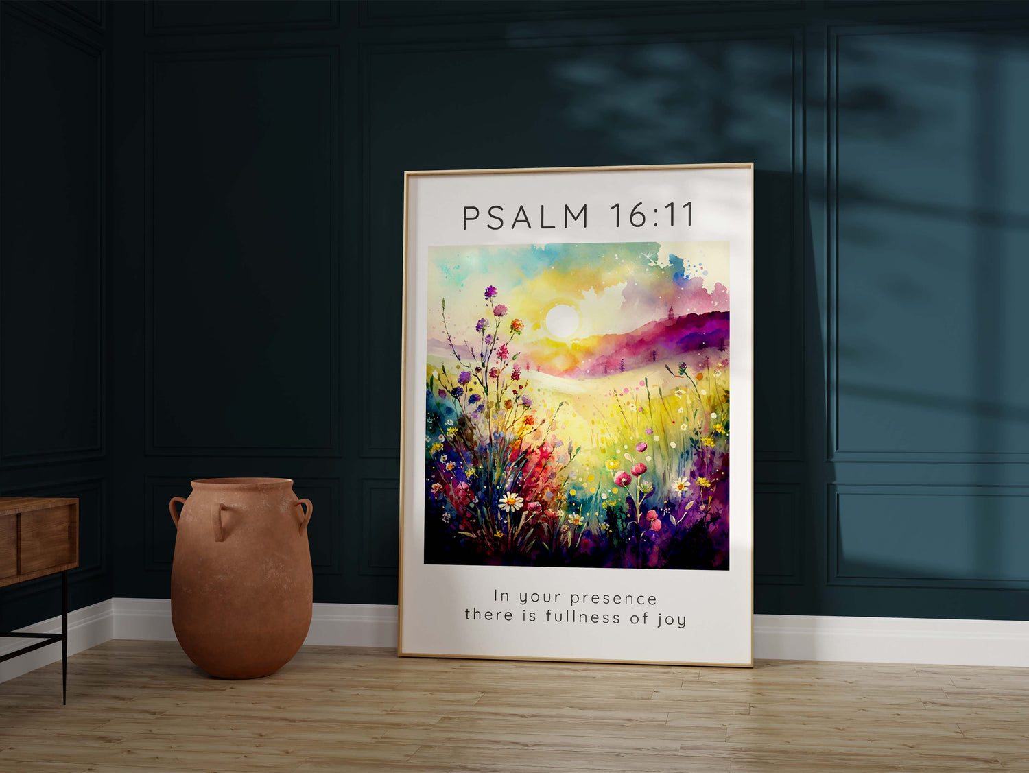 Radiant pink and yellow flower meadow print, Psalm 16:11 verse in joyful wall artwork, Christian home decor with fullness of joy