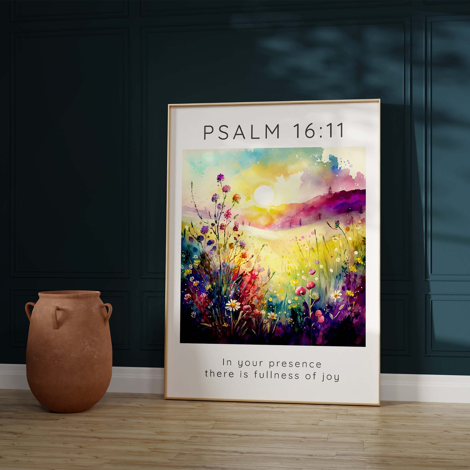 Radiant pink and yellow flower meadow print, Psalm 16:11 verse in joyful wall artwork, Christian home decor with fullness of joy