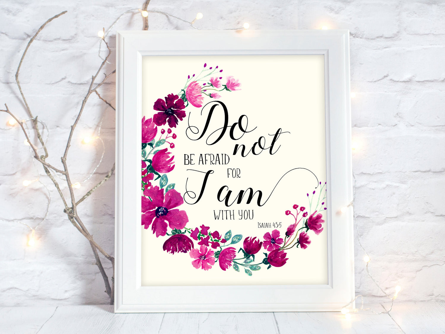 Encouraging poster from Isaiah 43 - comforting bible verse prints uk, Pink and purple floral wall art with Isaiah 43:5 verse