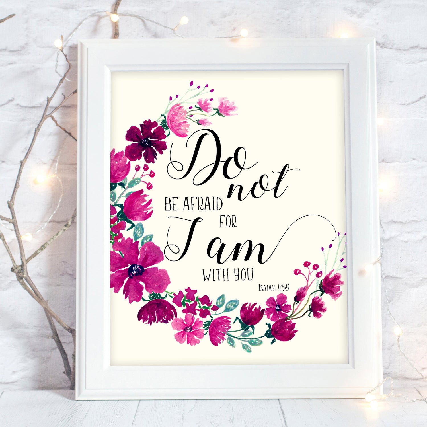 Encouraging poster from Isaiah 43 - comforting bible verse prints uk, Pink and purple floral wall art with Isaiah 43:5 verse