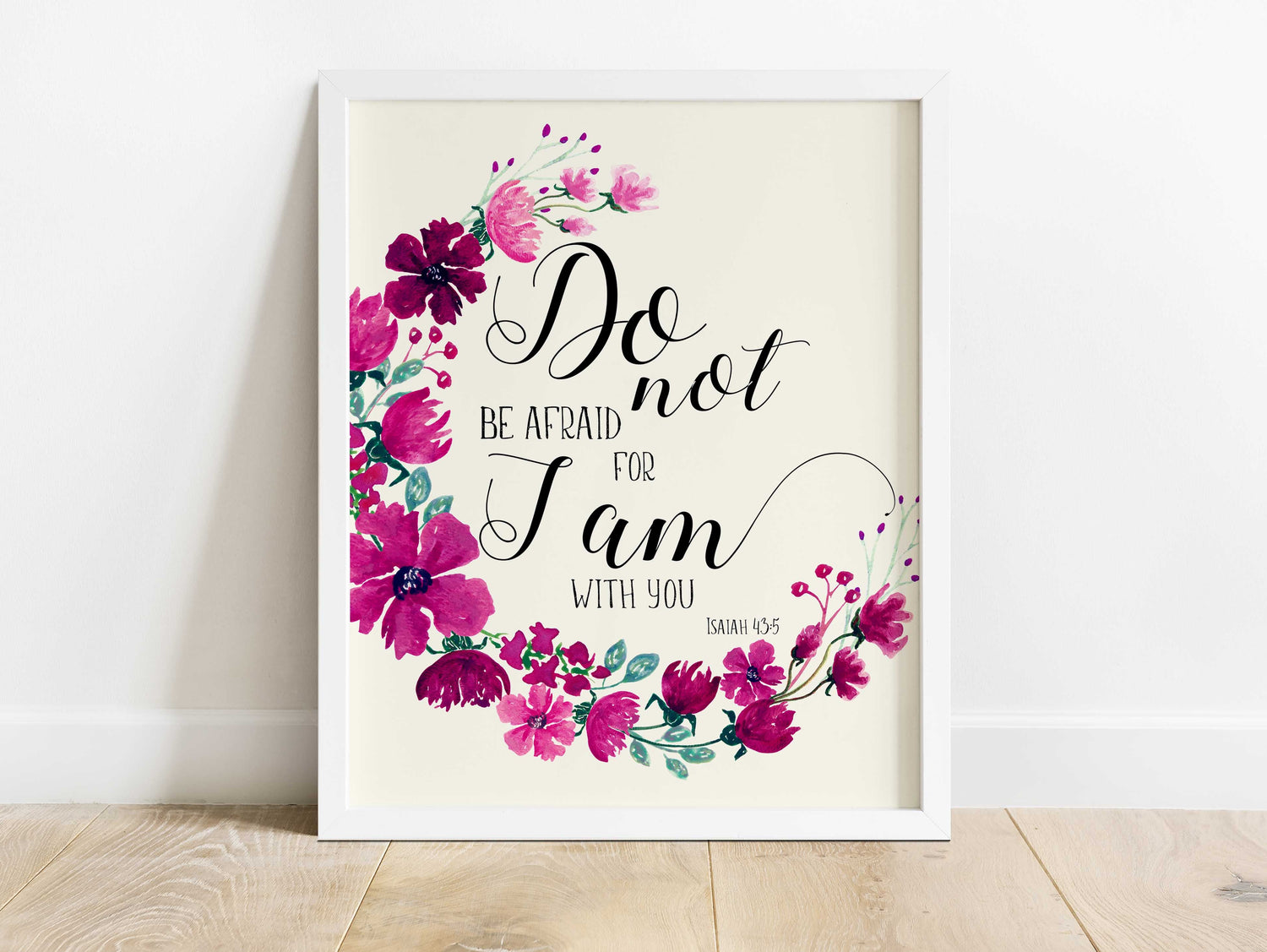 Pink and purple floral scripture print for home decor, Pink and purple floral wall decor with Isaiah 43:5 verse, do not be afraid bible verse