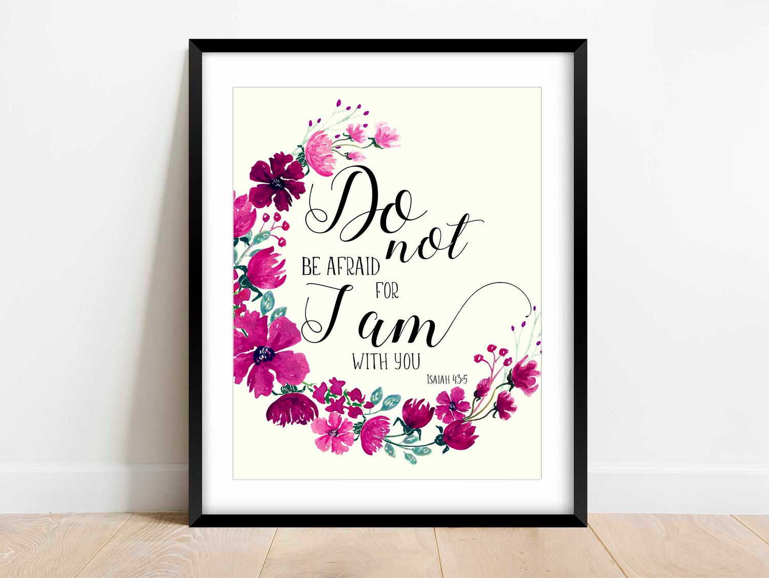 Graceful pink and purple floral print showcasing Isaiah 43:5, Elegant pink and purple flower art print with Bible verse Isaiah 43:5