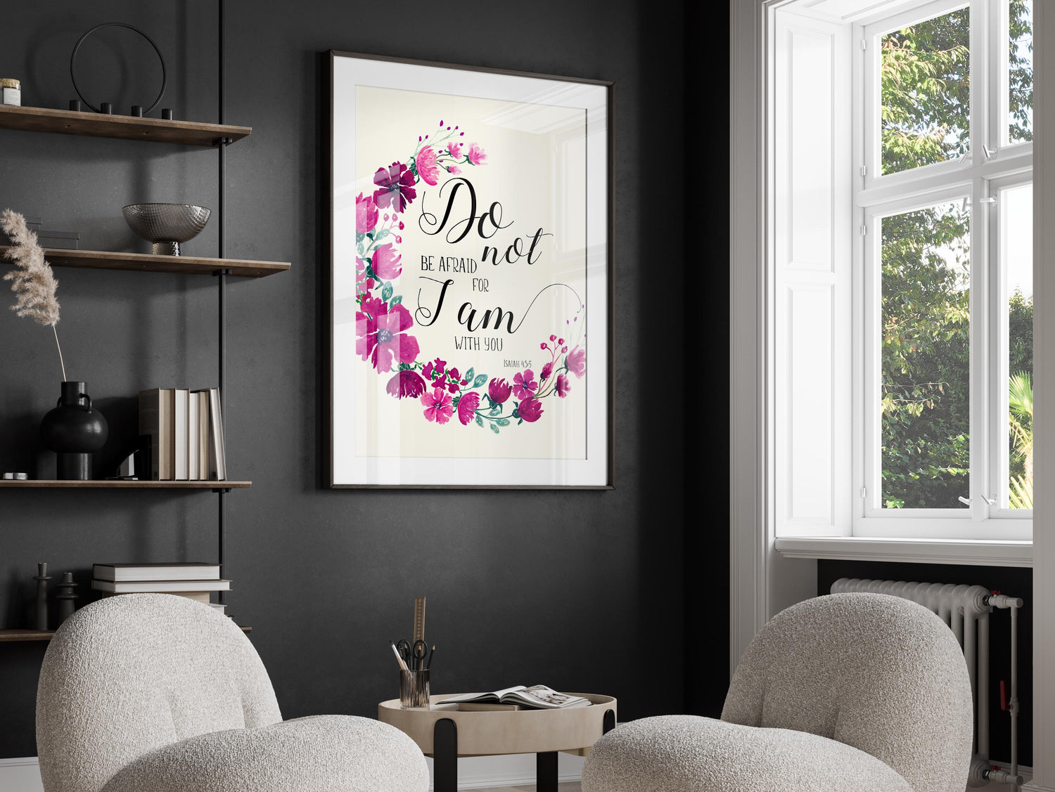 Encouraging Presence christian Wall Art, Isaiah 43 5 Bible Verse Floral Print, Stylish Pink/Purple Do Not Be Afraid Art