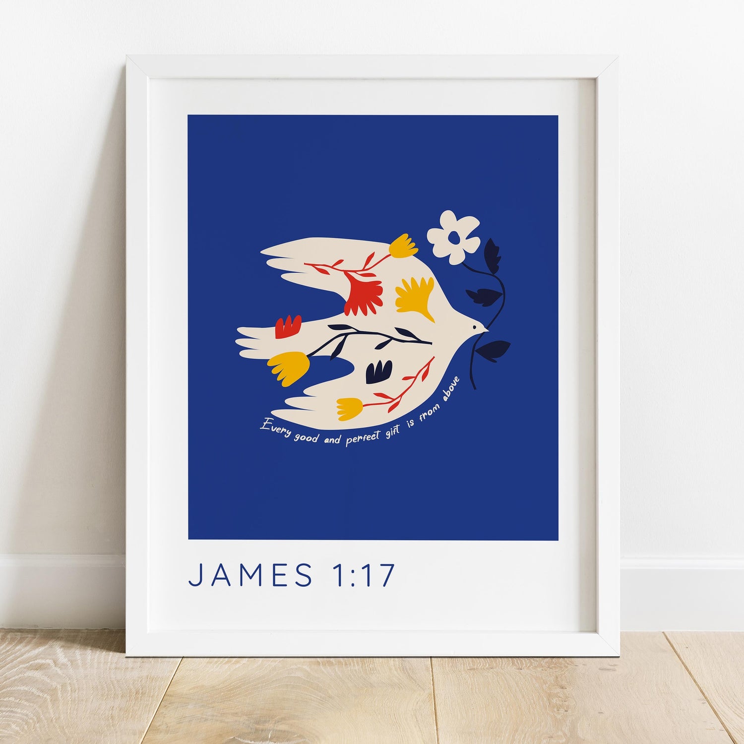 Serene dark blue backdrop, James 1:17 verse, dove and flower art, Encouraging biblical quote, dove holding flower, spiritual wall print