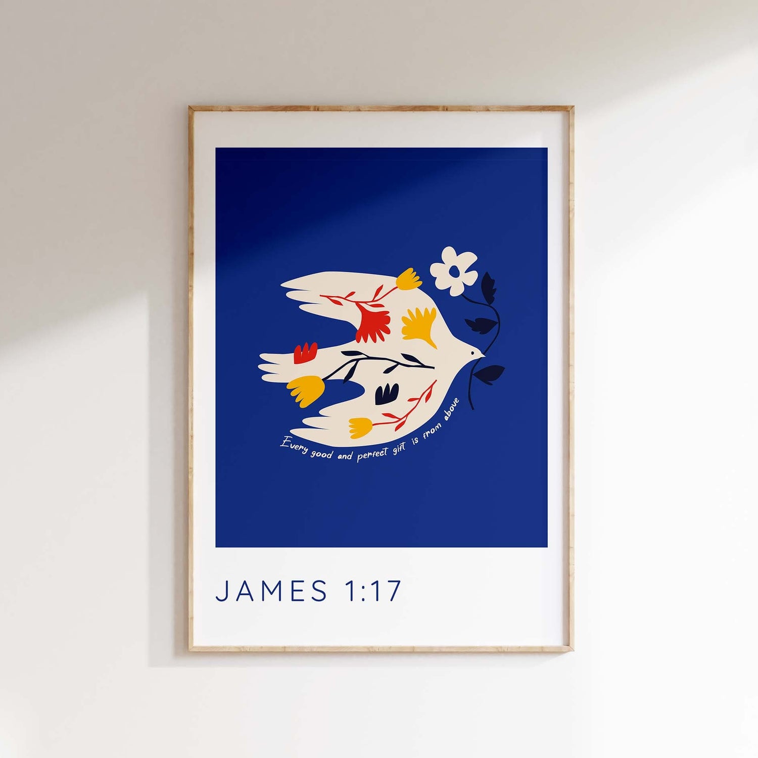 "Gift from above" scripture print, dove illustration, dark blue decor, Divine blessings art, James 1:17 verse, dove and flower design
